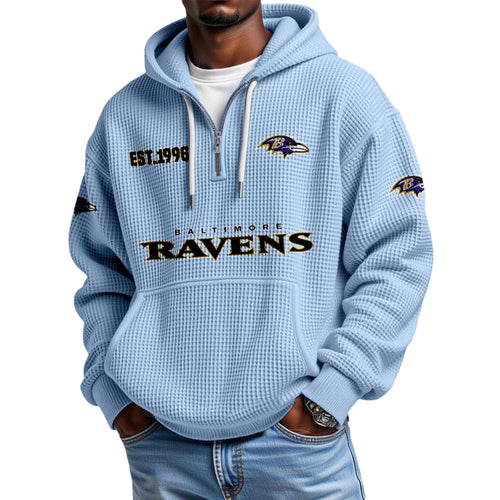 Baltimore Ravens EST 1996 Printed Quarter Zip Waffle Football Fan Hoodie