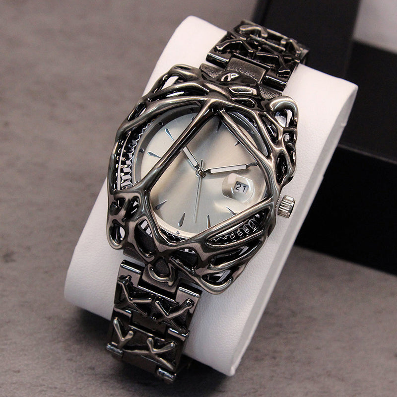 Men's Sculpted Steel Skeleton Watch with Date Display