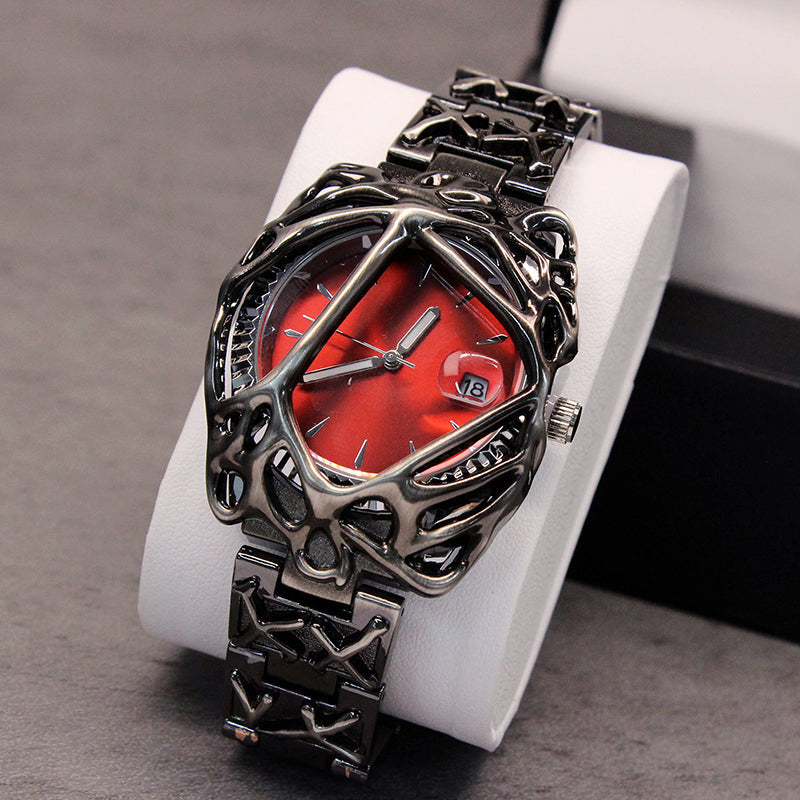 Men's Sculpted Steel Skeleton Watch with Date Display