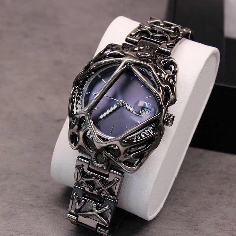 Men's Sculpted Steel Skeleton Watch with Date Display
