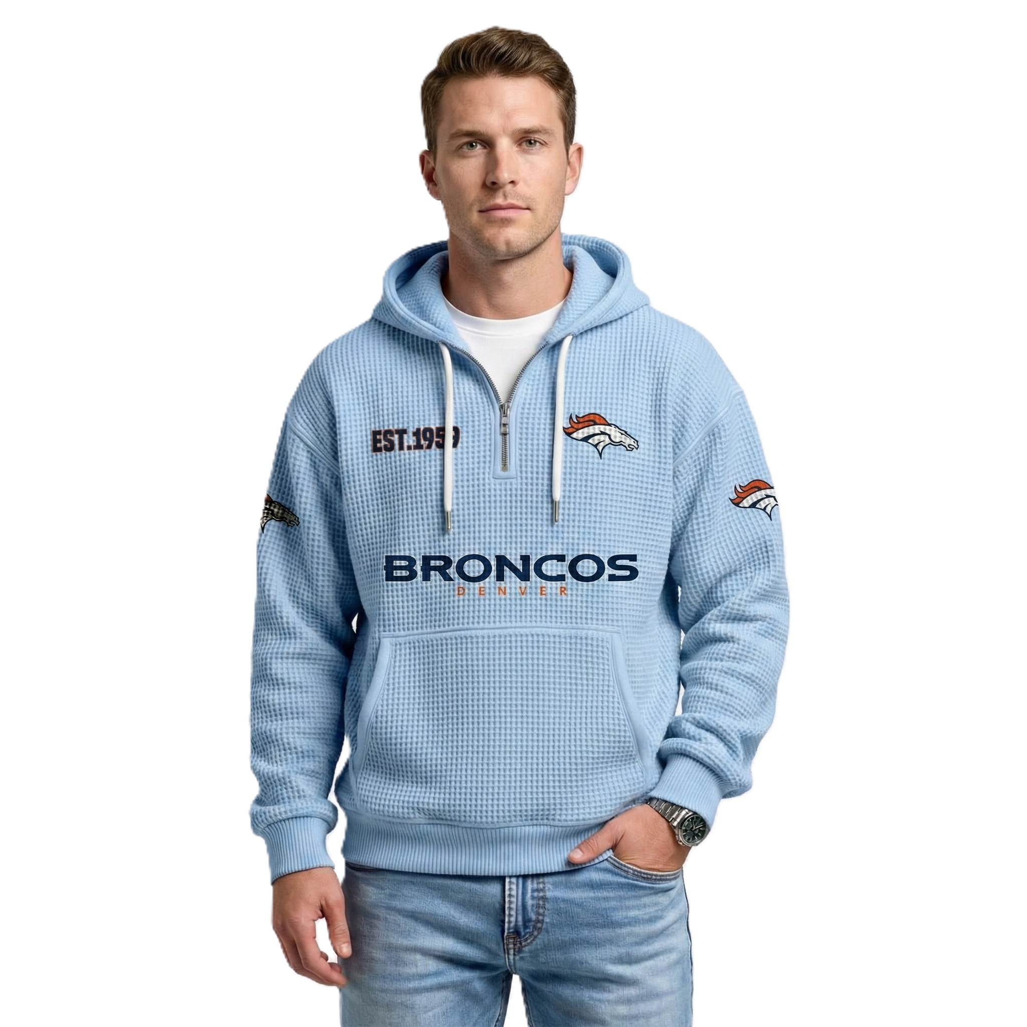 Denver Broncos EST 1959 Printed Quarter Zip Hoodie