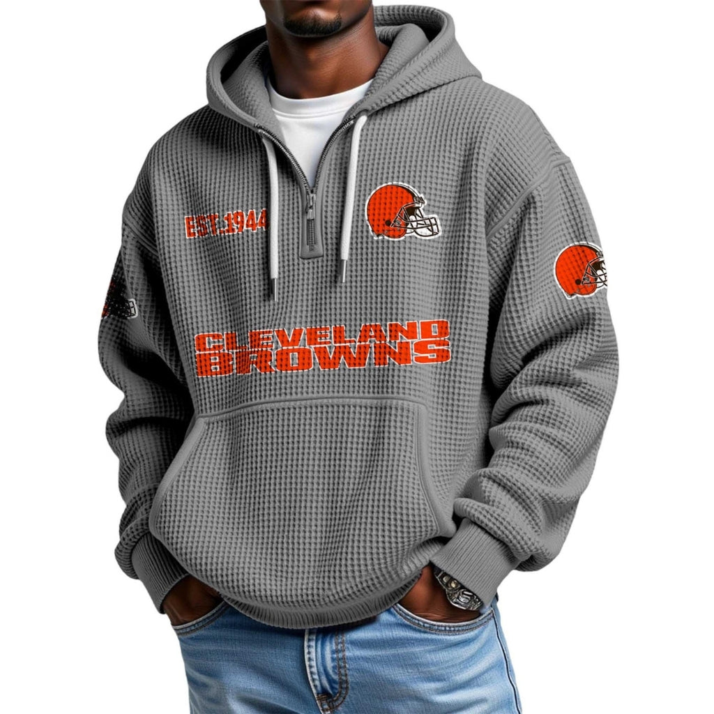 Waffle Quarter Zip Hoodie With Vintage Sports Design