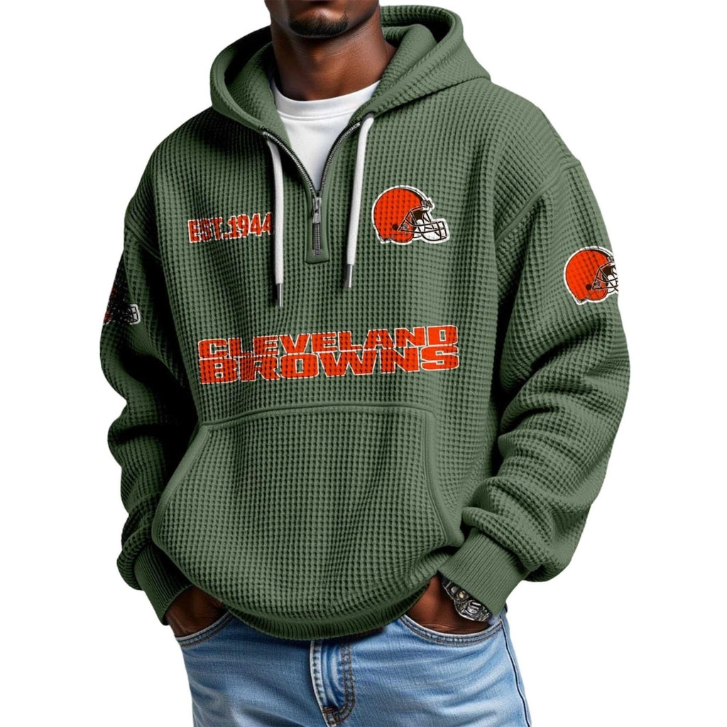 Waffle Quarter Zip Hoodie With Vintage Sports Design