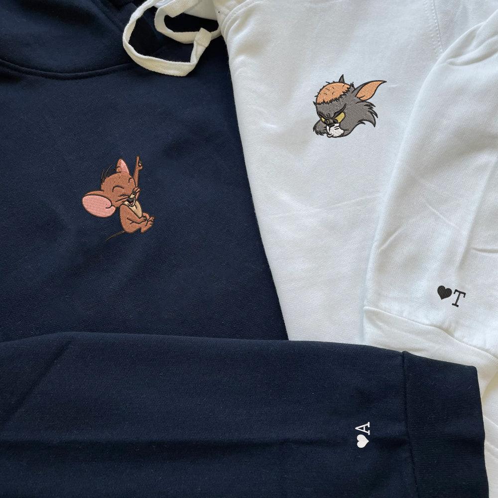 Custom Embroidered Hoodies For Couples, Custom Matching Couple Hoodie, Cartoon Tom Cat Mouses Couples Embroidered Hoodie