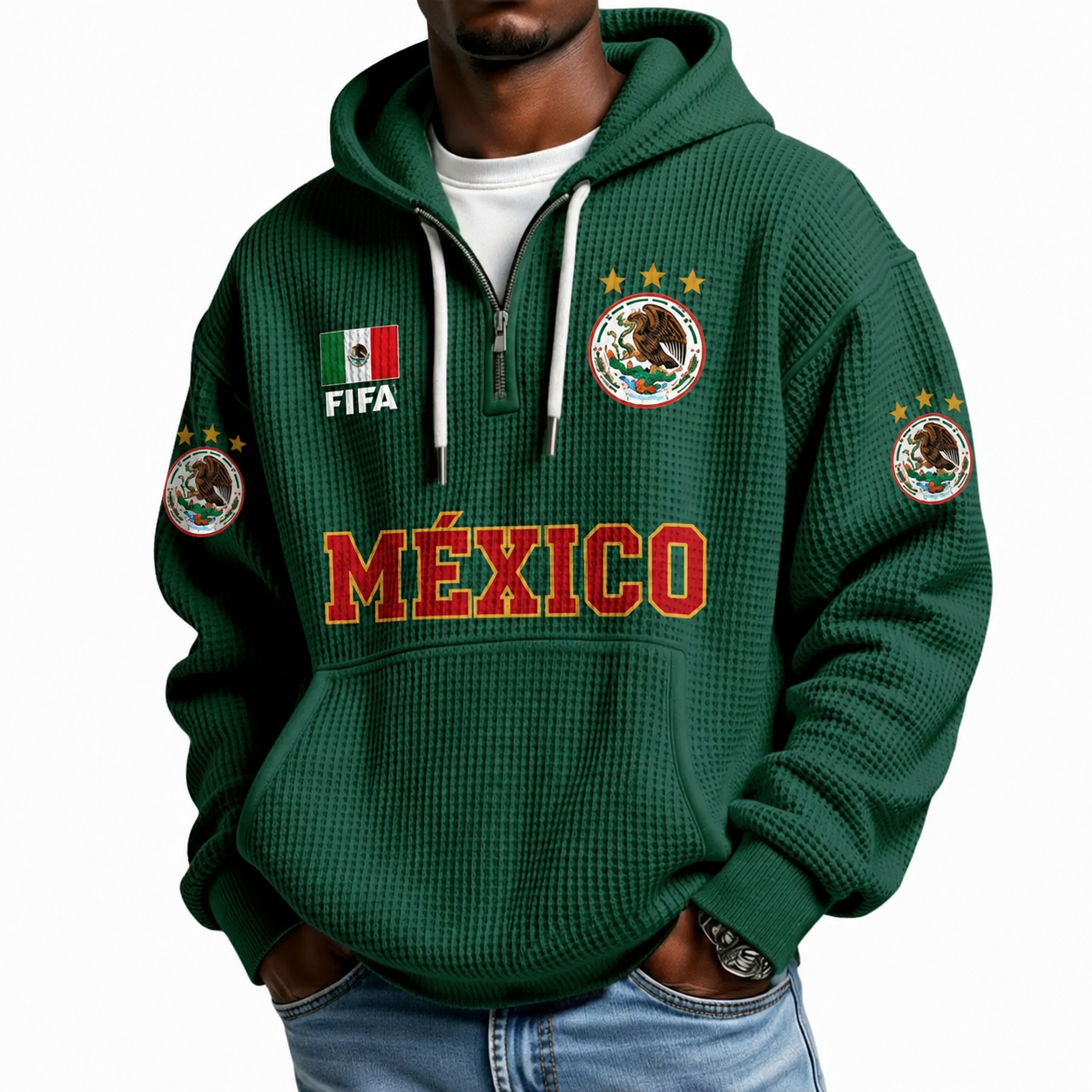 FIFA 2026 Mexico Printed Waffle Quarter Zip Football Fan Hoodie