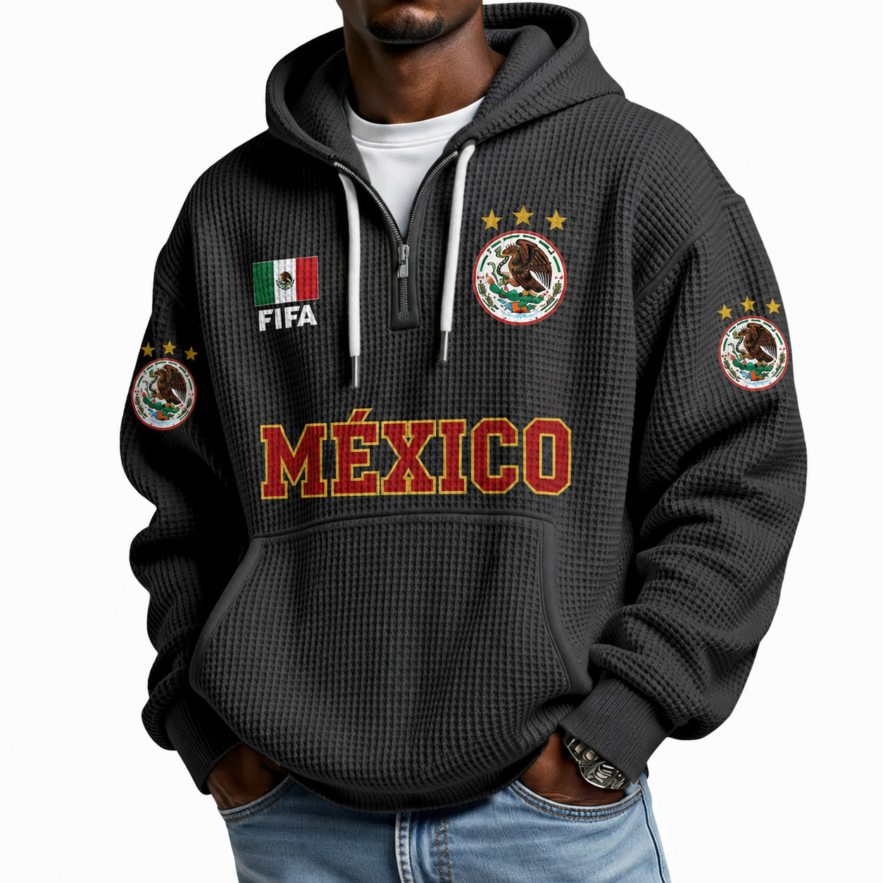 FIFA 2026 Mexico Printed Waffle Quarter Zip Football Fan Hoodie