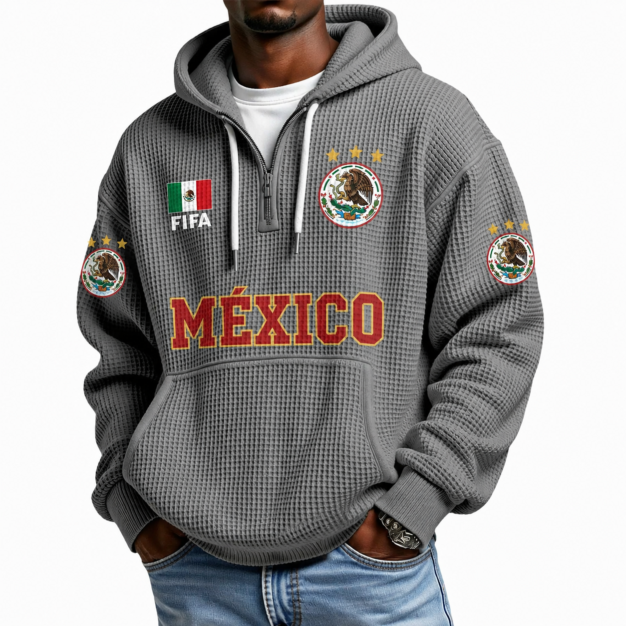 FIFA 2026 Mexico Printed Waffle Quarter Zip Football Fan Hoodie