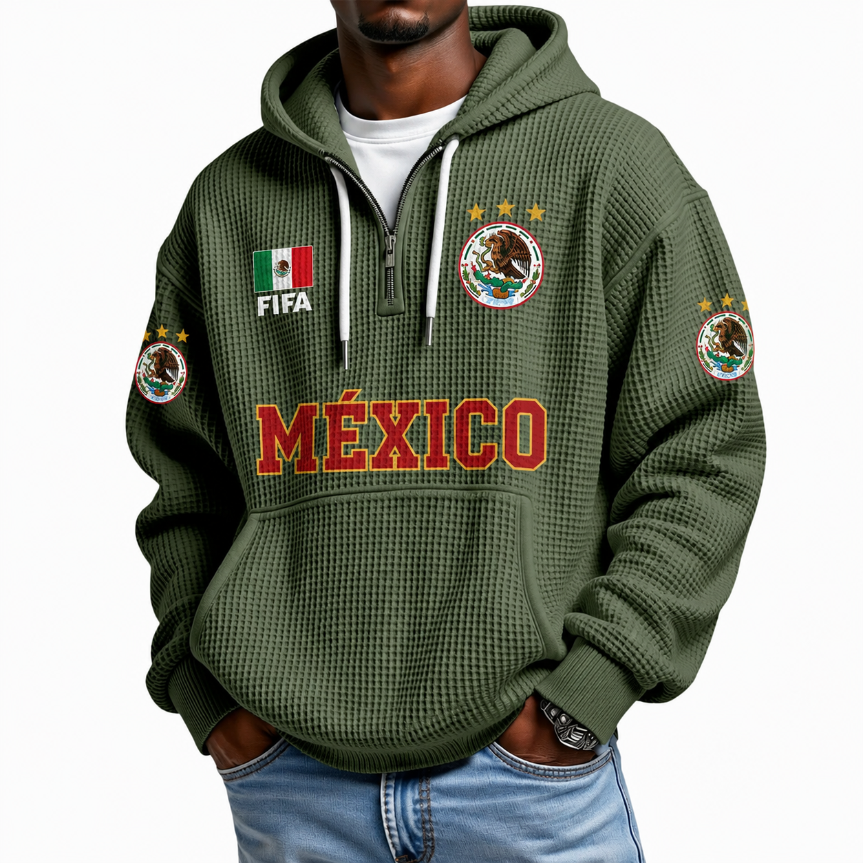 FIFA 2026 Mexico Printed Waffle Quarter Zip Football Fan Hoodie