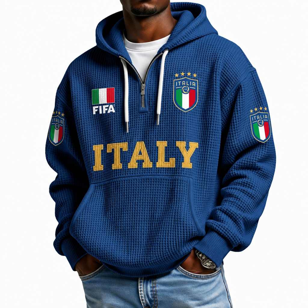 FIFA 2026 Italy Printed Waffle Quarter Zip Football Fan Hoodie