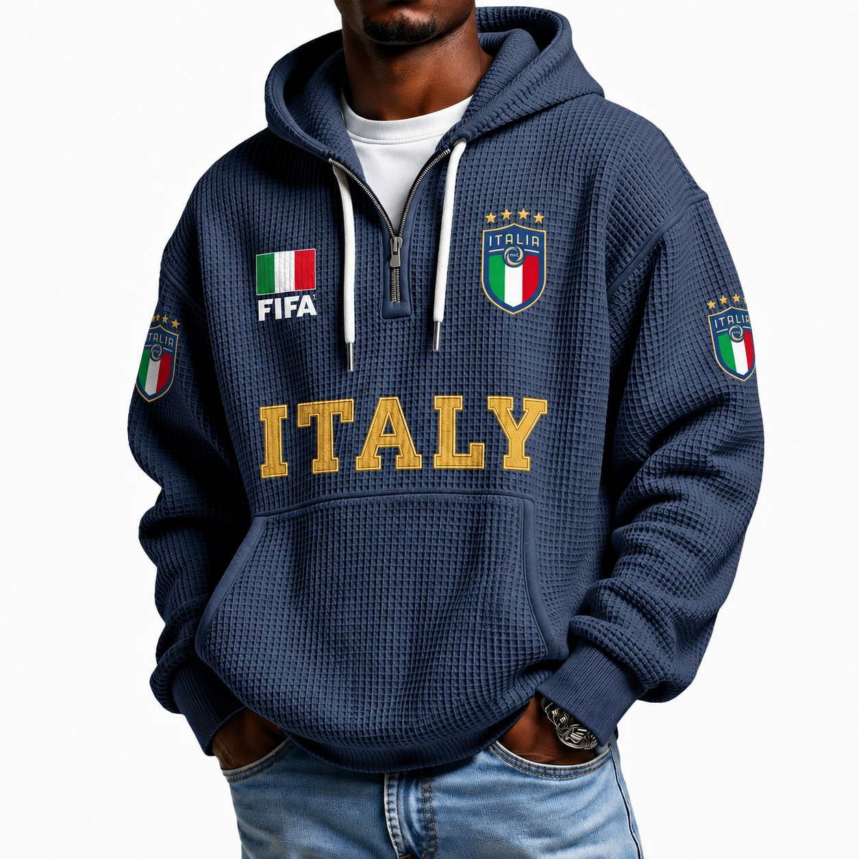 FIFA 2026 Italy Printed Waffle Quarter Zip Football Fan Hoodie