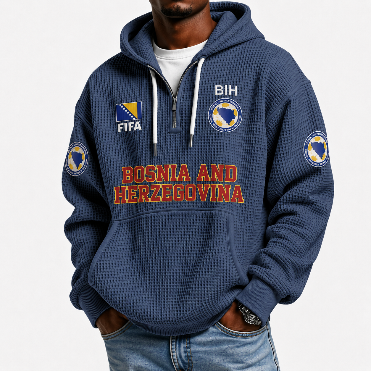 FIFA 2026 Bosnia and Herzegovina Printed Waffle Quarter Zip Football Fan Hoodie