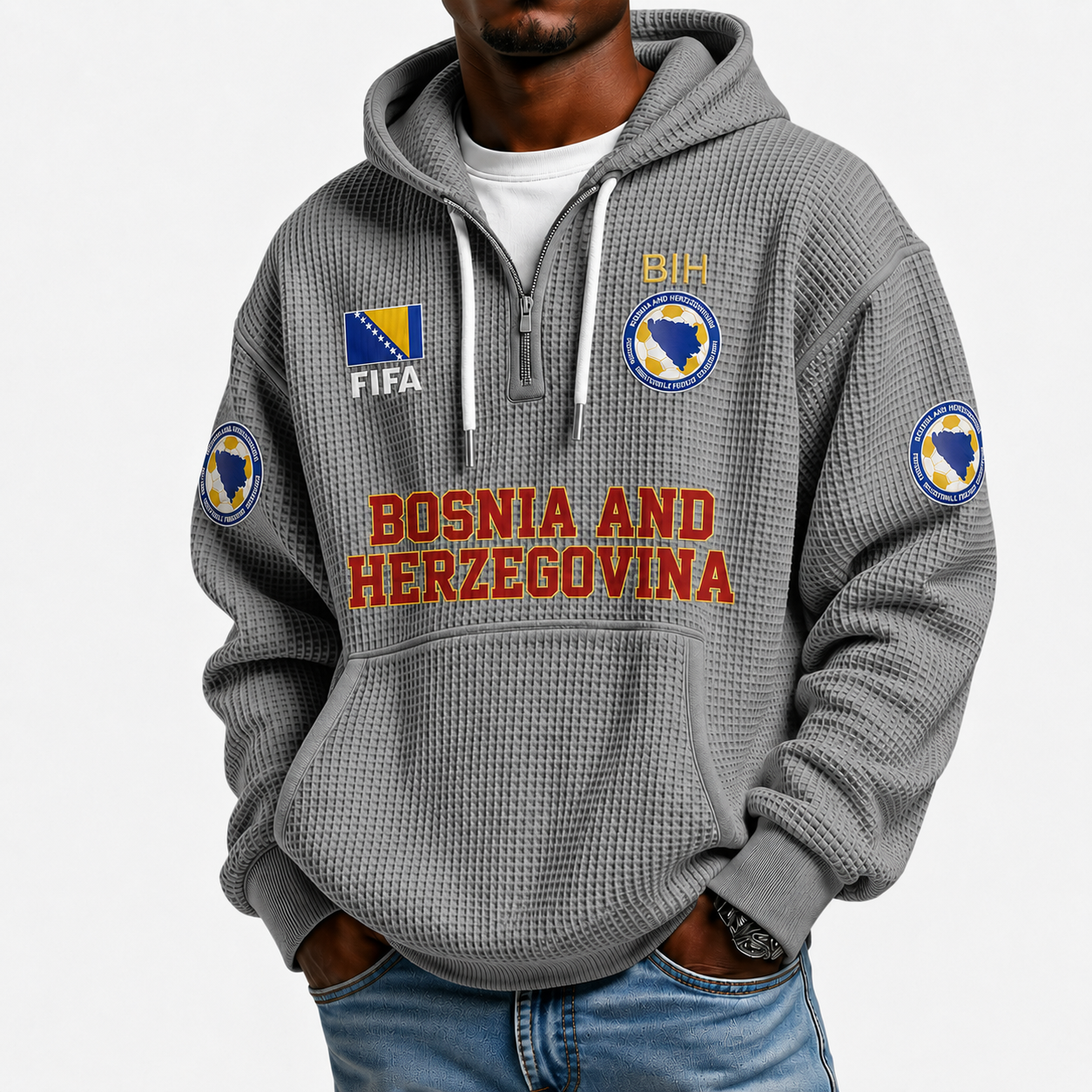 FIFA 2026 Bosnia and Herzegovina Printed Waffle Quarter Zip Football Fan Hoodie