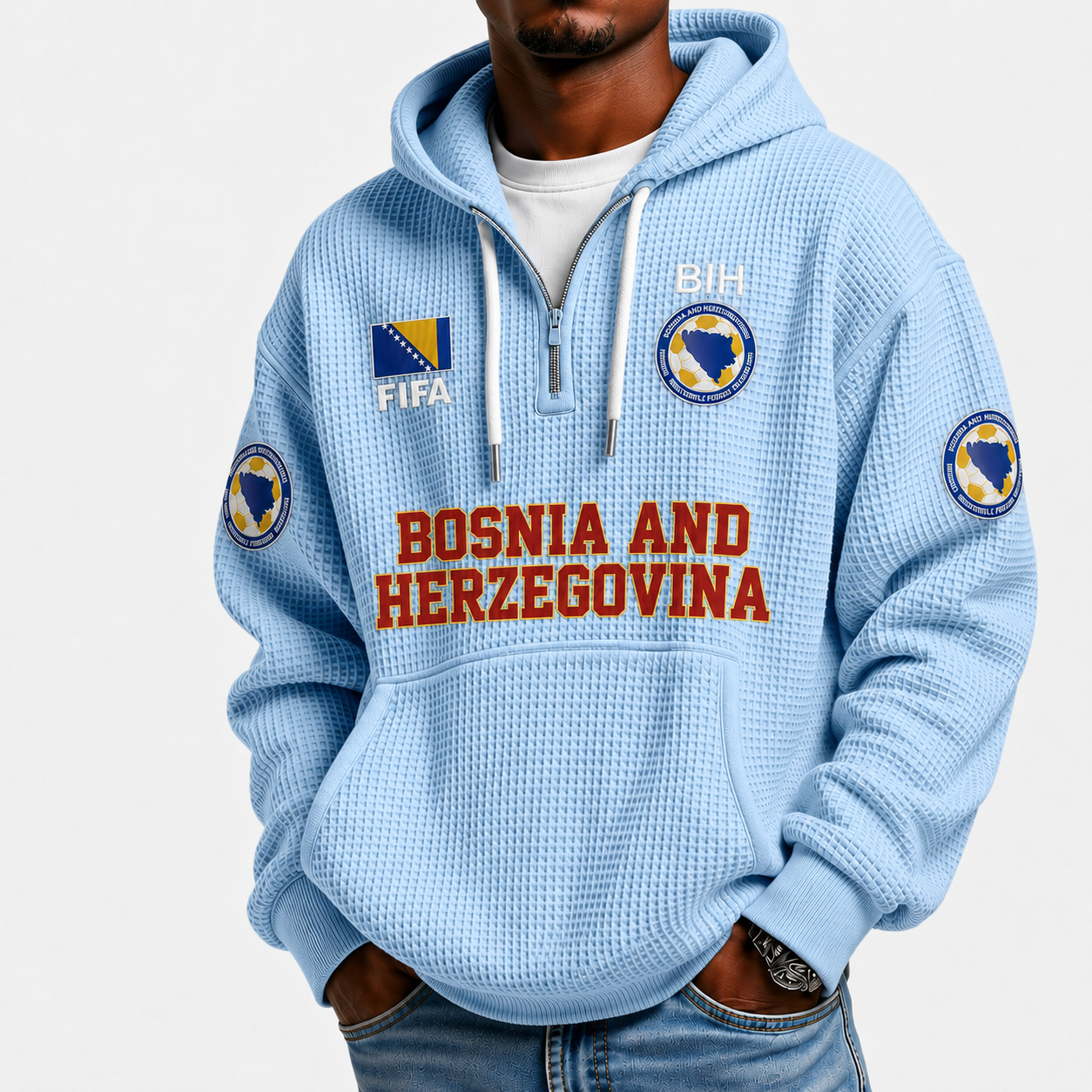 FIFA 2026 Bosnia and Herzegovina Printed Waffle Quarter Zip Football Fan Hoodie