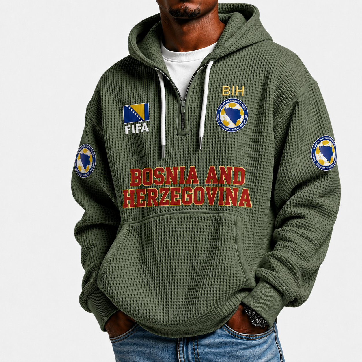 FIFA 2026 Bosnia and Herzegovina Printed Waffle Quarter Zip Football Fan Hoodie