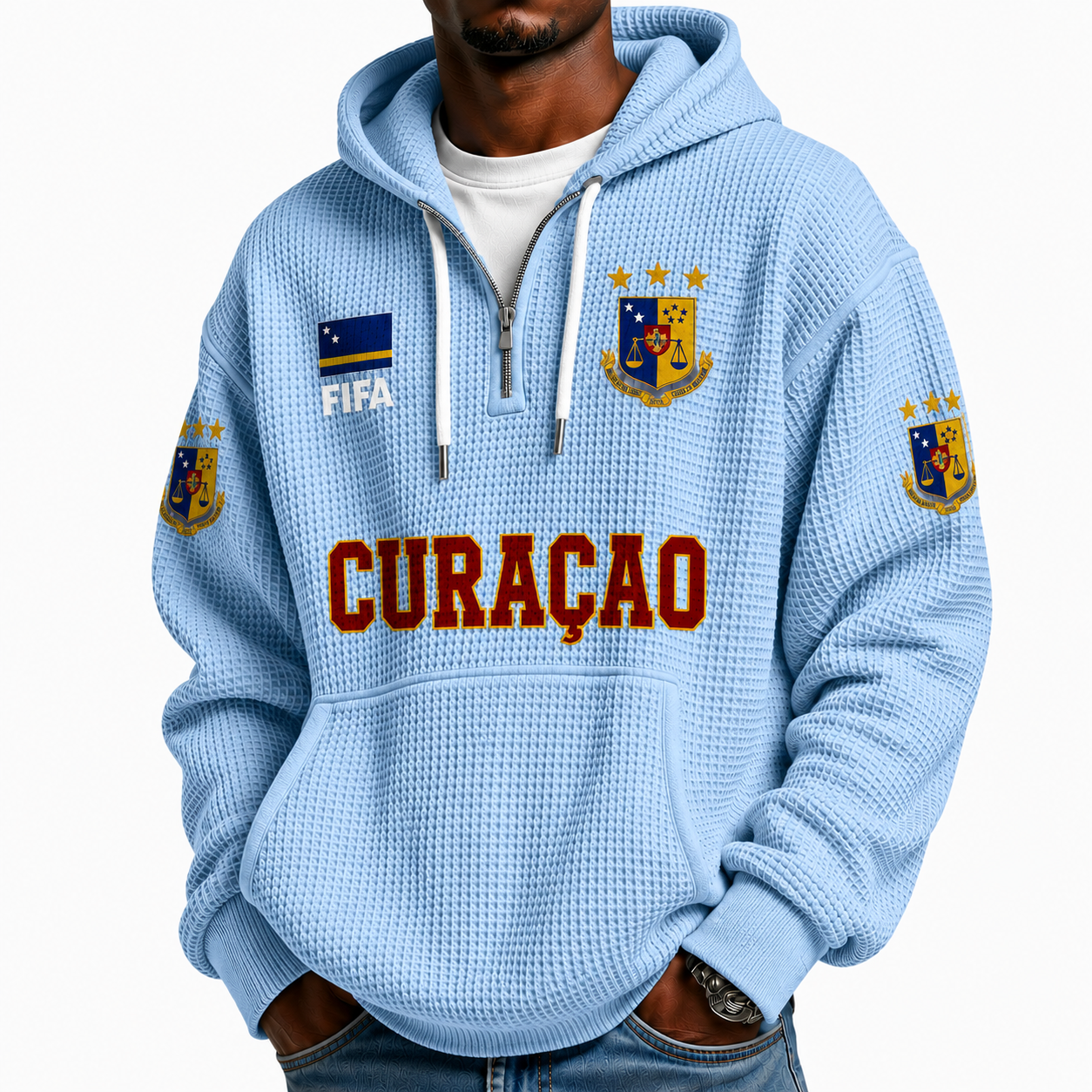 FIFA 2026 Curacao Printed Waffle Quarter Zip Football Fan Hoodie