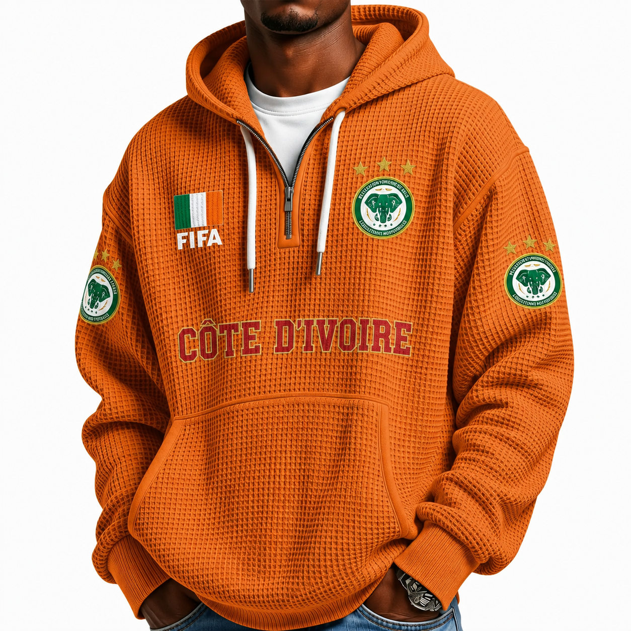 FIFA 2026 Côte d'Ivoire Printed Waffle Quarter Zip Football Fan Hoodie