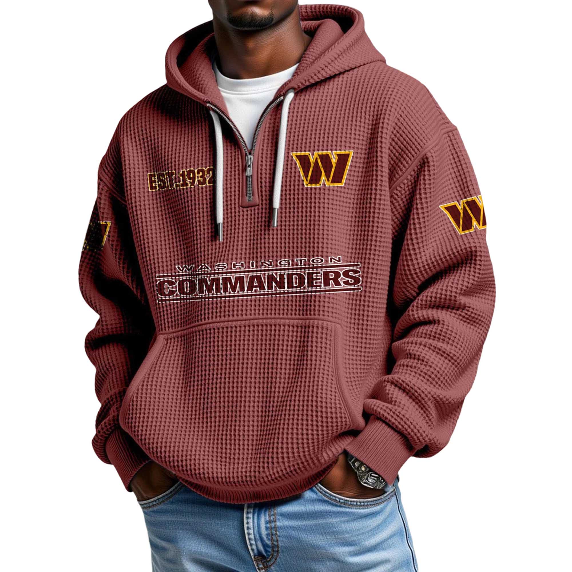 Washington Commanders EST 1932 Themed Quarter Zip Waffle Football Fan Hoodie
