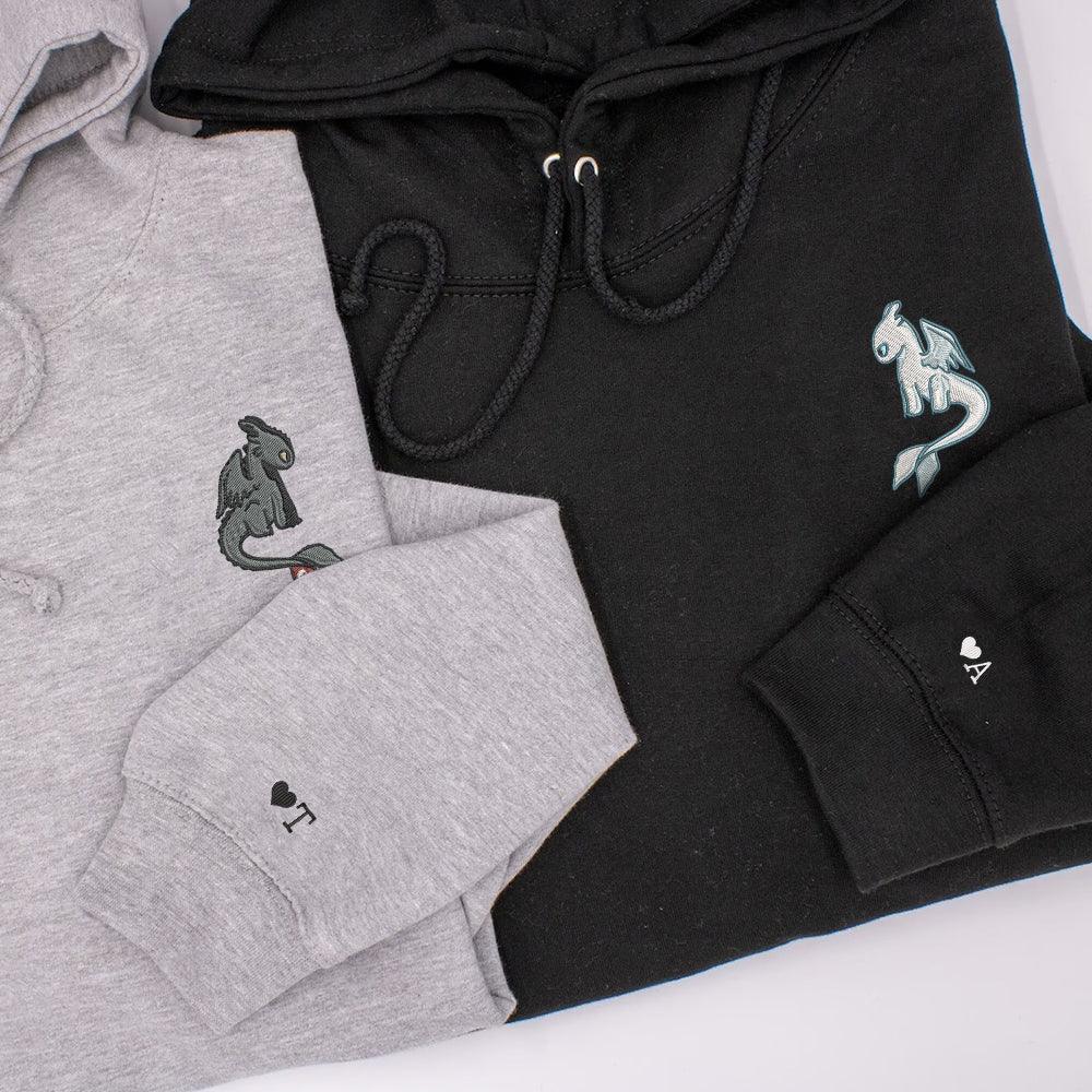 Custom Embroidered Hoodies For Couples, Custom Matching Couple Hoodie, Cartoon Toothless x Light Fury Couples Embroidered Hoodie