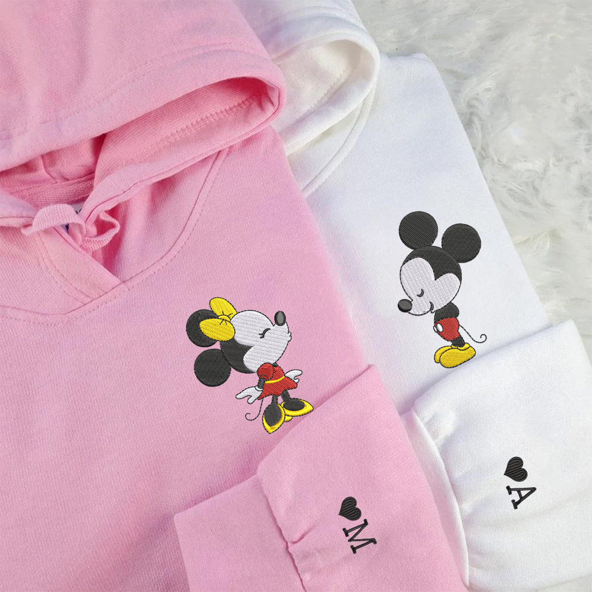 Custom Embroidered Hoodies For Couples, Custom Matching Couple Hoodie, Cartoon Mouse In Love Couples Embroidered Hoodie