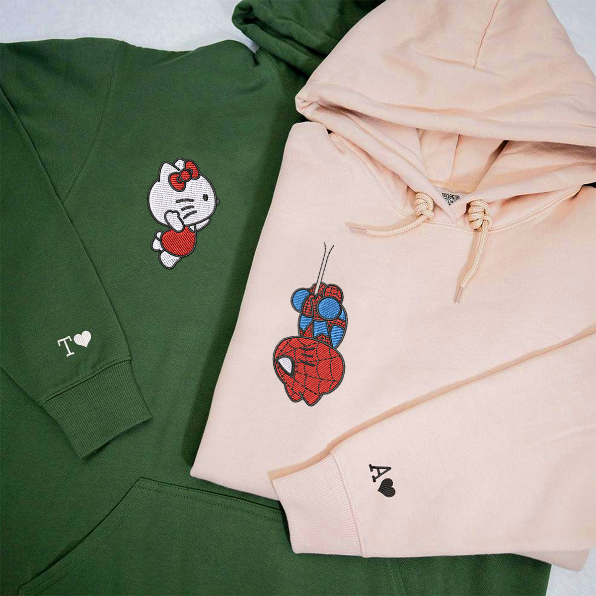 Custom Embroidered Hoodies For Couples, Custom Matching Couple Hoodie, Cartoon Spider and Kitten Couples Embroidered Hoodie V2