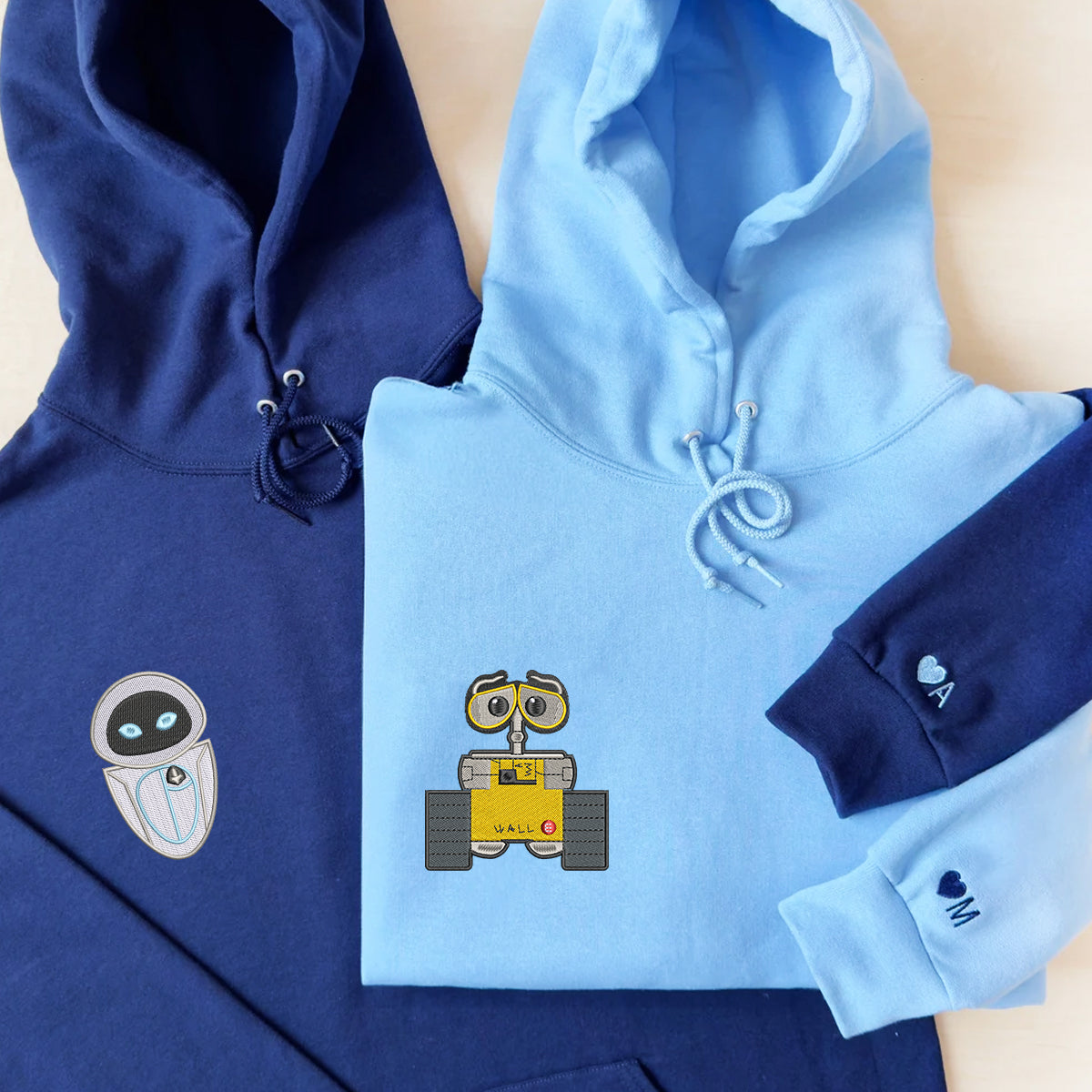 Custom Embroidered Hoodies For Couples, Personalized Couple Hoodies, His Her Hoodies, Cute Cartoon Wall E x Eve Couples Embroidered Hoodie