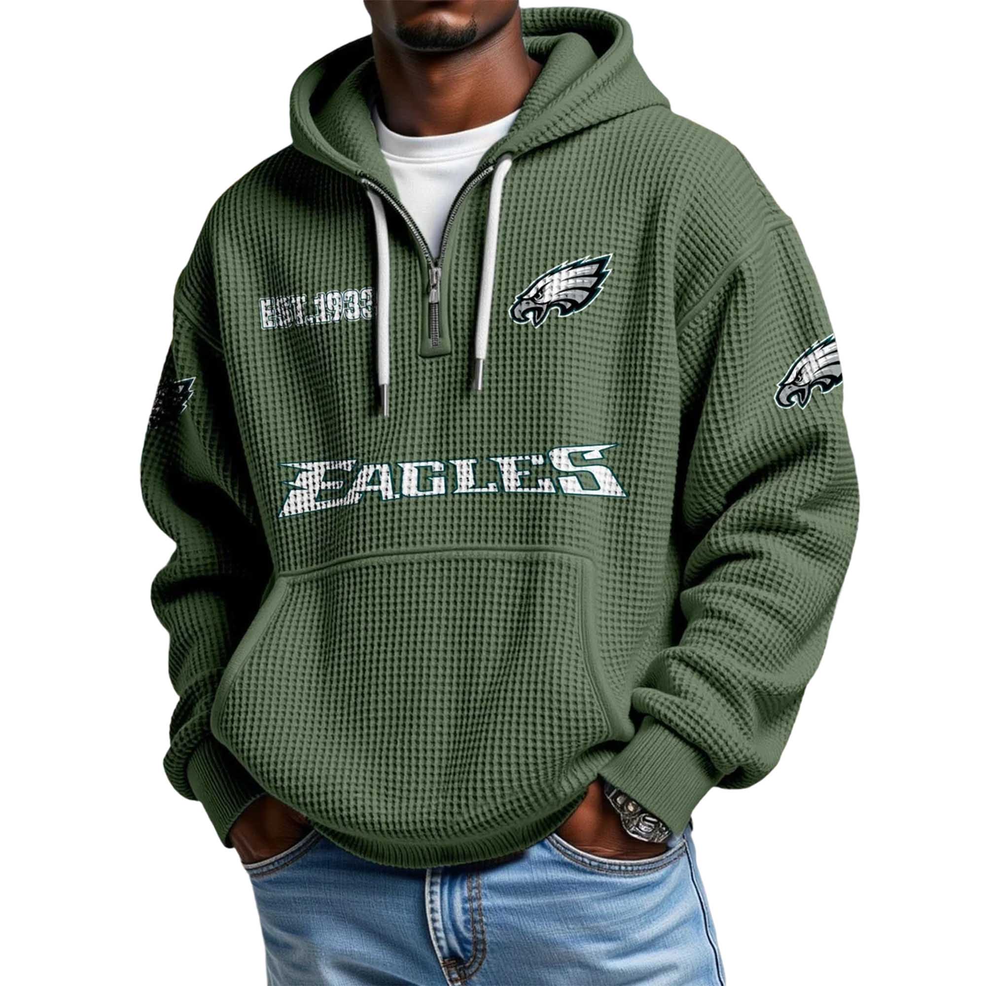 Philadelphia Eagles Football Team Themed Waffle Quarter Zip Hoodie