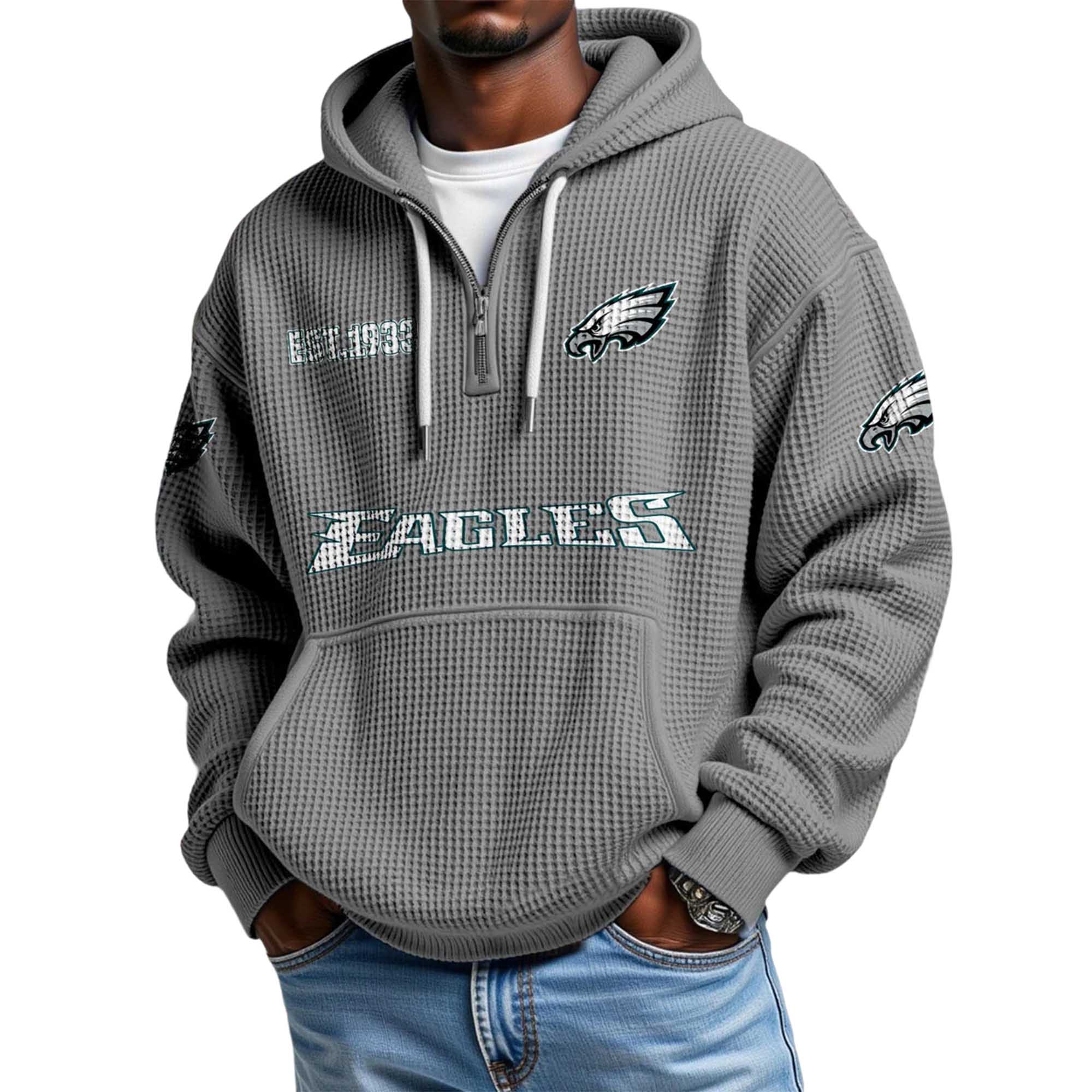 Philadelphia Eagles Football Team Themed Waffle Quarter Zip Hoodie