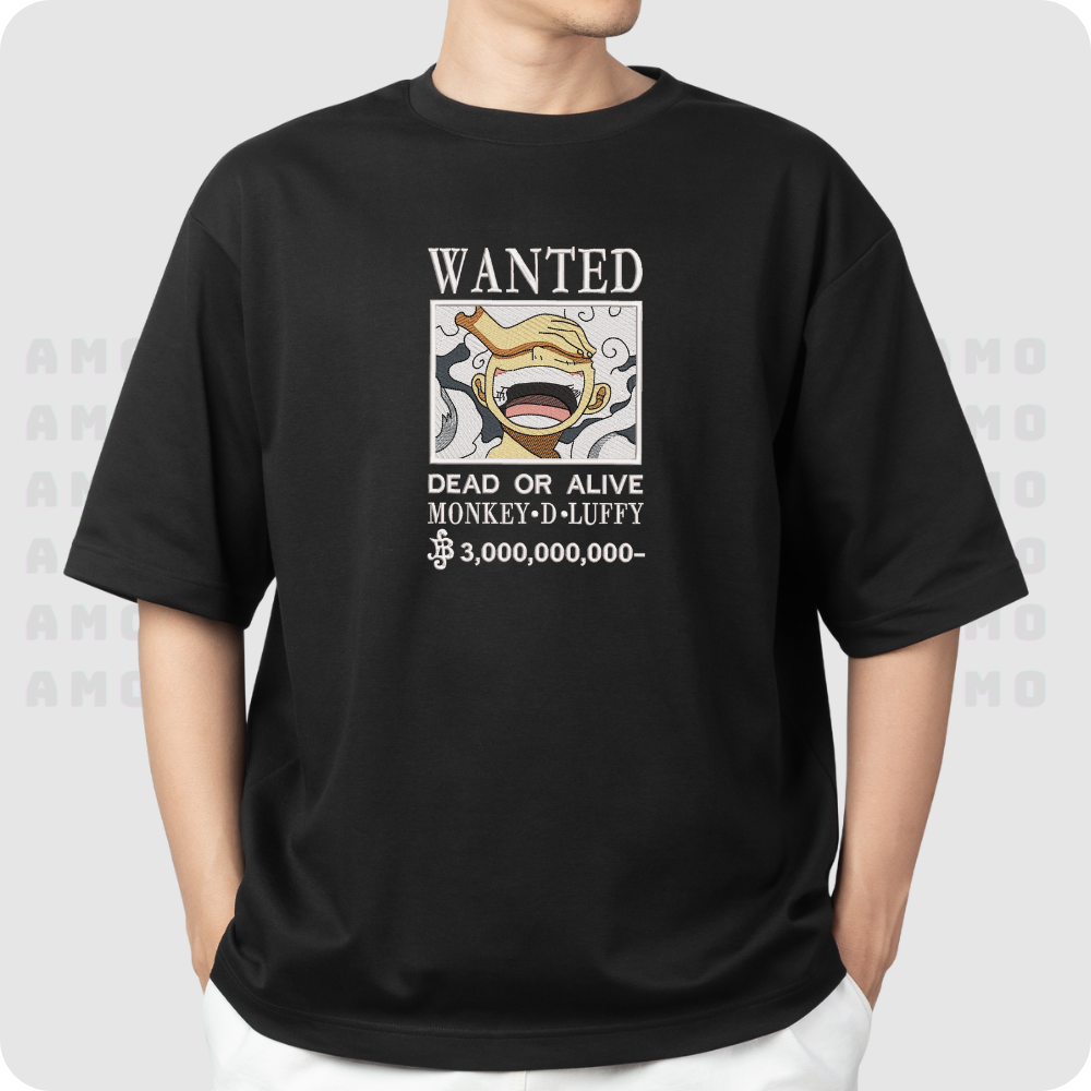One Piece Luffy Wanted Embroidered T-shirt – Anime Bounty Fan Art Tee