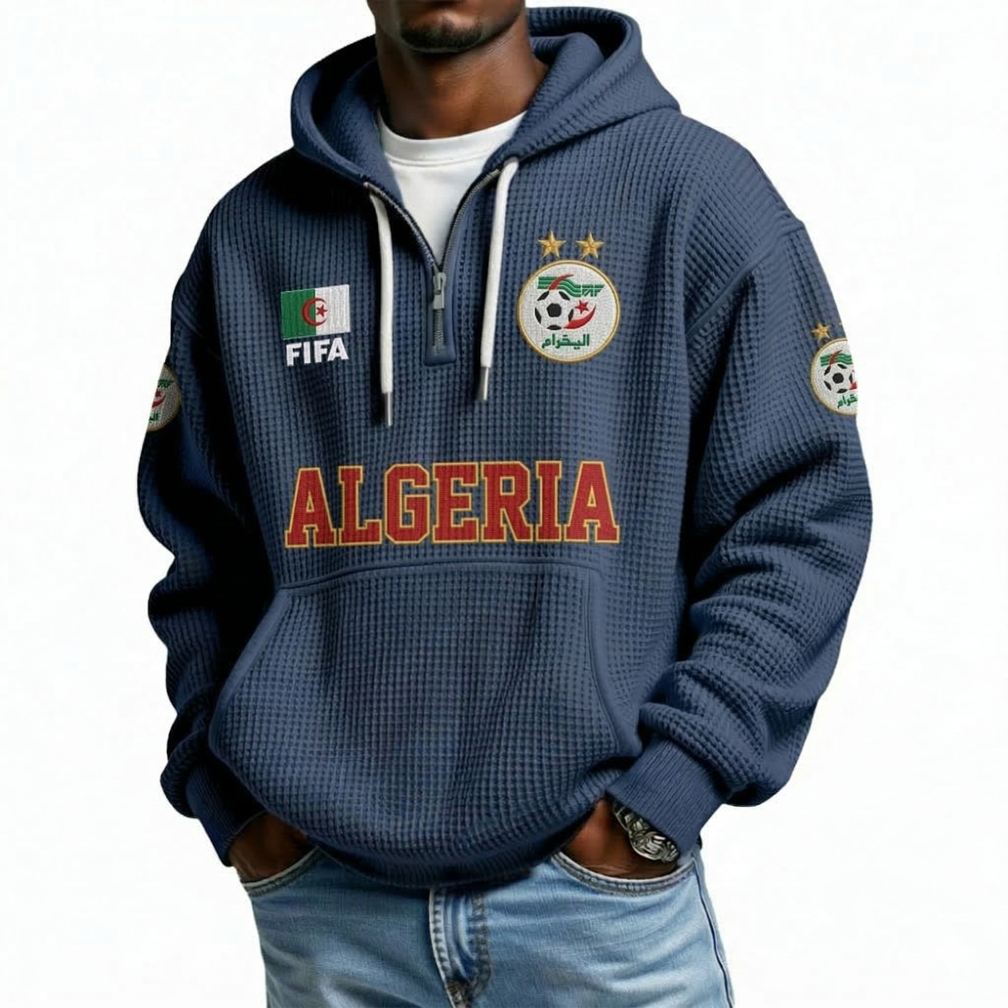 FIFA 2026 Algeria Printed Waffle Quarter Zip Football Fan Hoodie