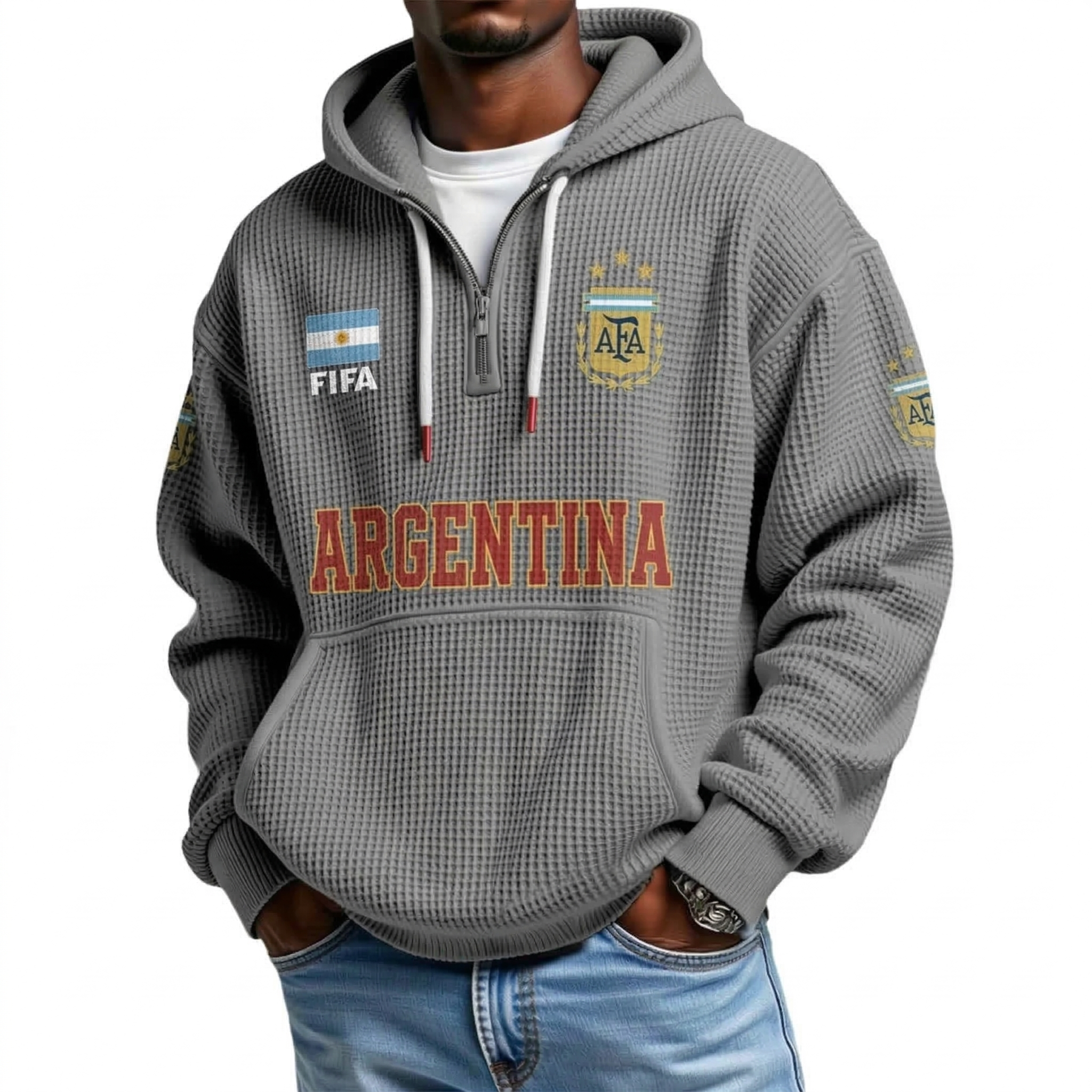 FIFA 2026 Argentina Printed Waffle Quarter Zip Football Fan Hoodie