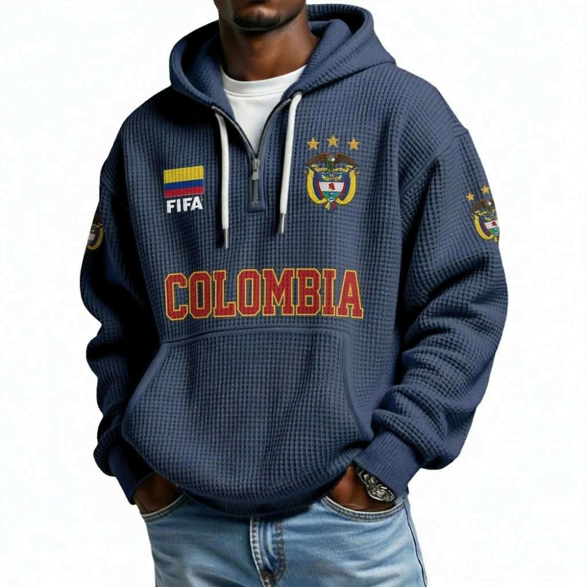 FIFA 2026 Colombia Printed Waffle Quarter Zip Football Fan Hoodie