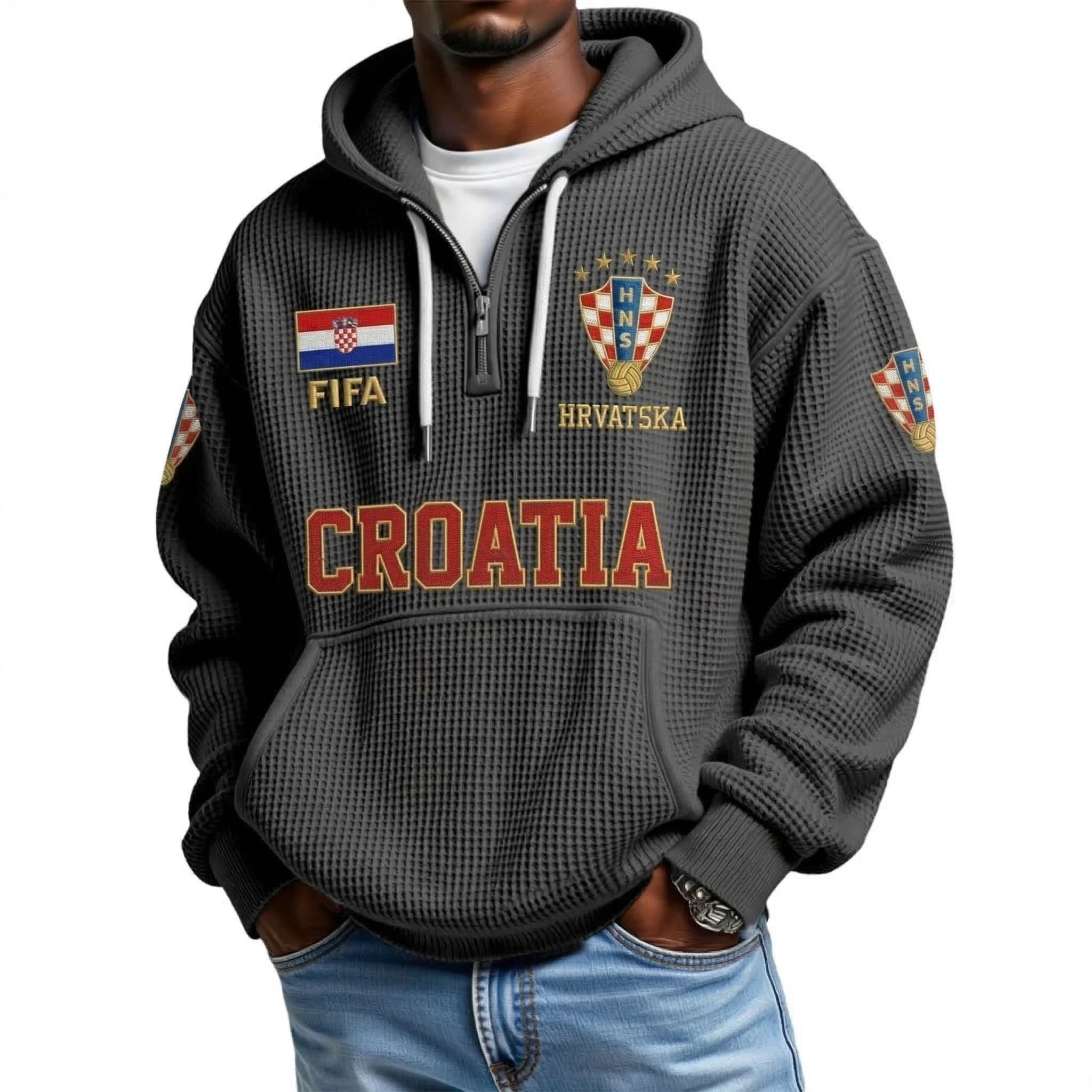 FIFA 2026 Croatia Printed Waffle Quarter Zip Football Fan Hoodie