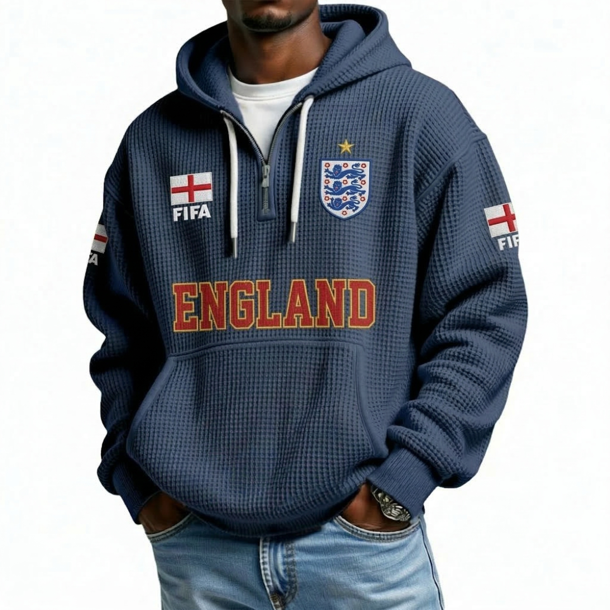FIFA 2026 England Printed Waffle Quarter Zip Football Fan Hoodie