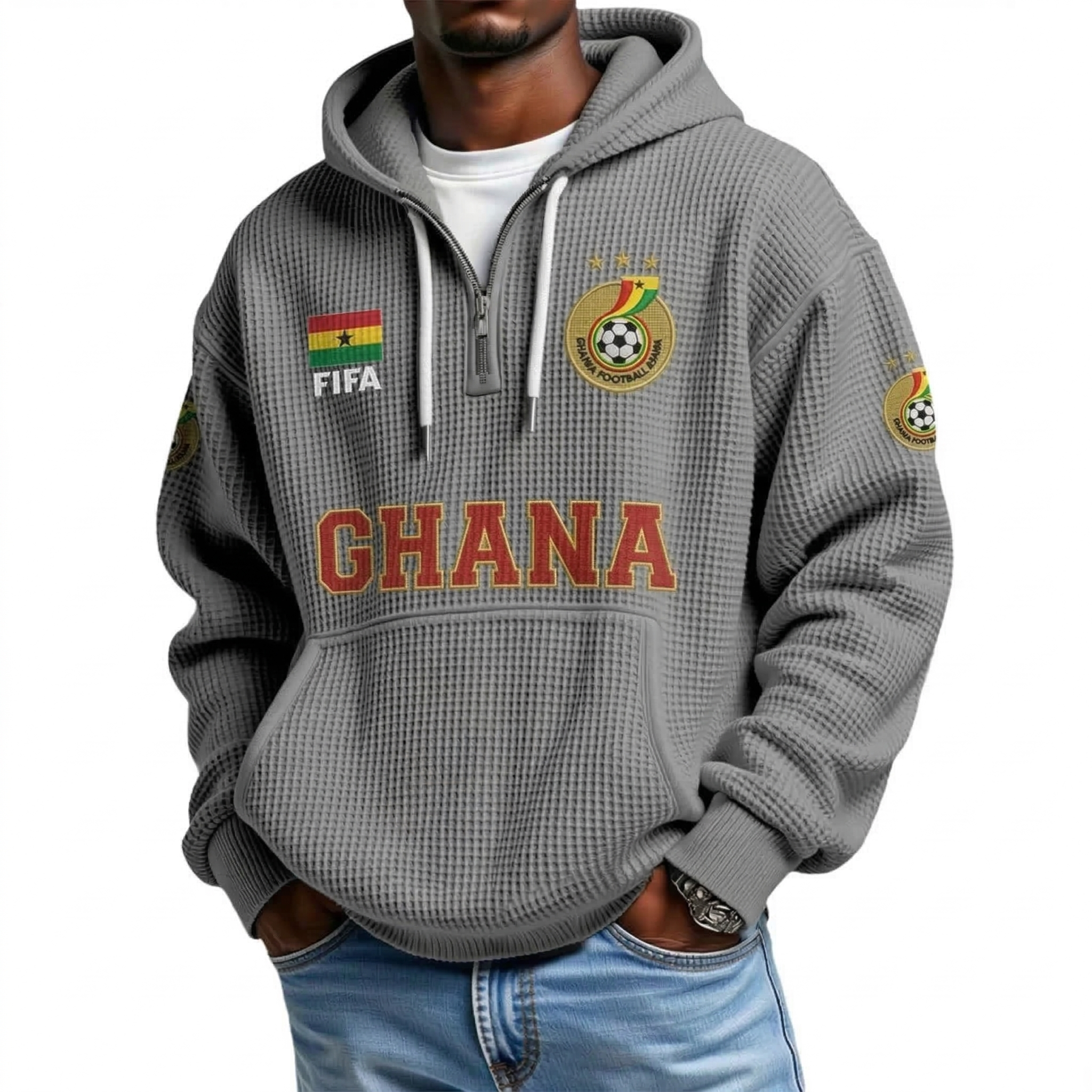 FIFA 2026 Ghana Printed Waffle Quarter Zip Football Fan Hoodie