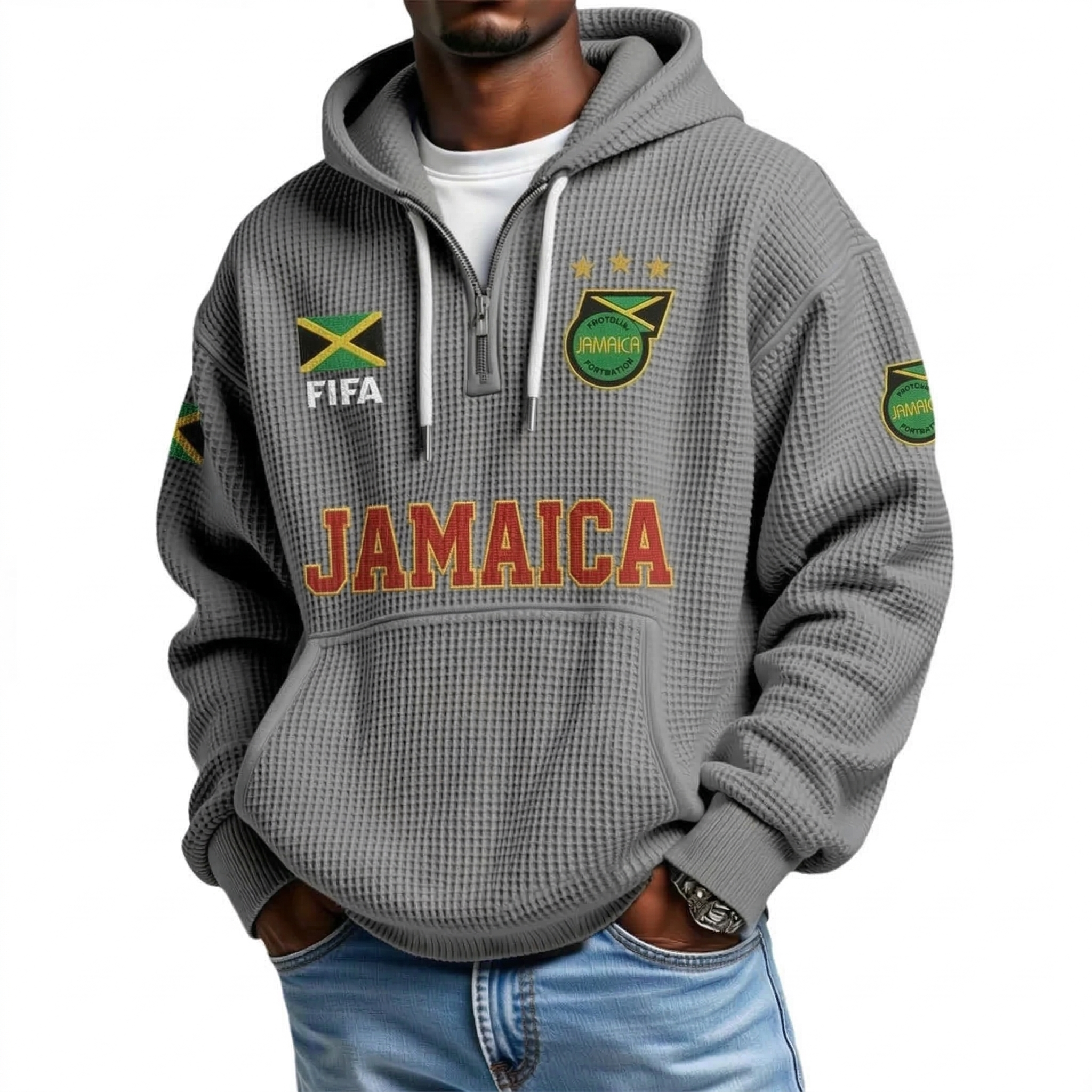 FIFA 2026 Jamaica Printed Waffle Quarter Zip Football Fan Hoodie