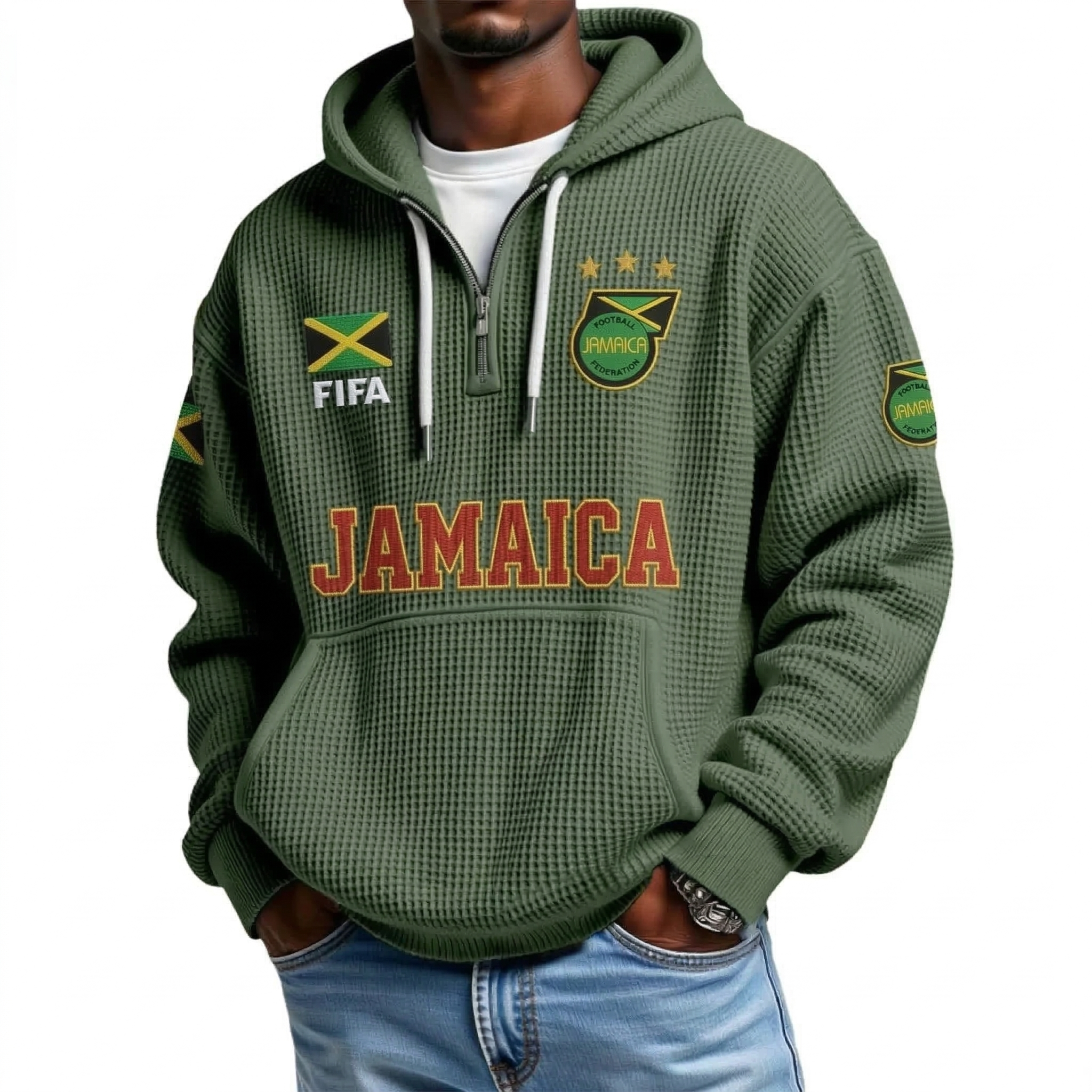 FIFA 2026 Jamaica Printed Waffle Quarter Zip Football Fan Hoodie