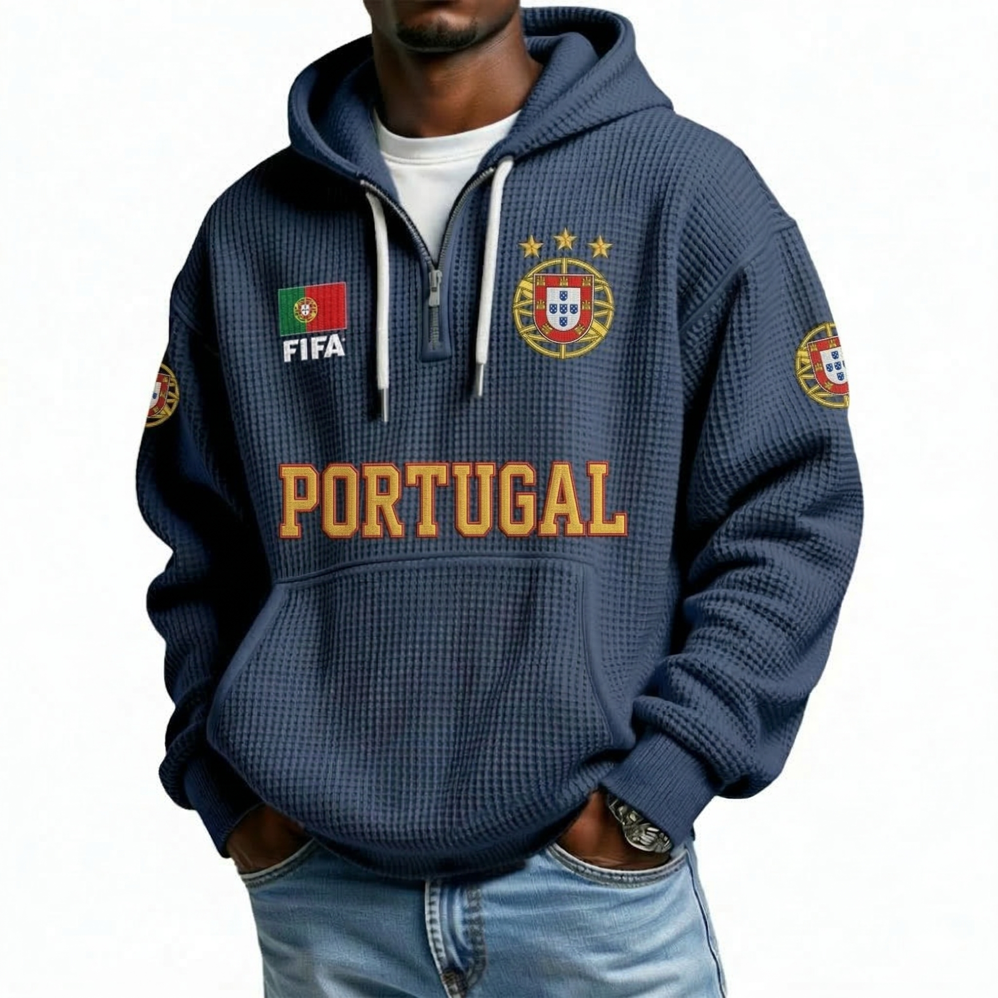 FIFA 2026 Portugal Printed Waffle Quarter Zip Football Fan Hoodie