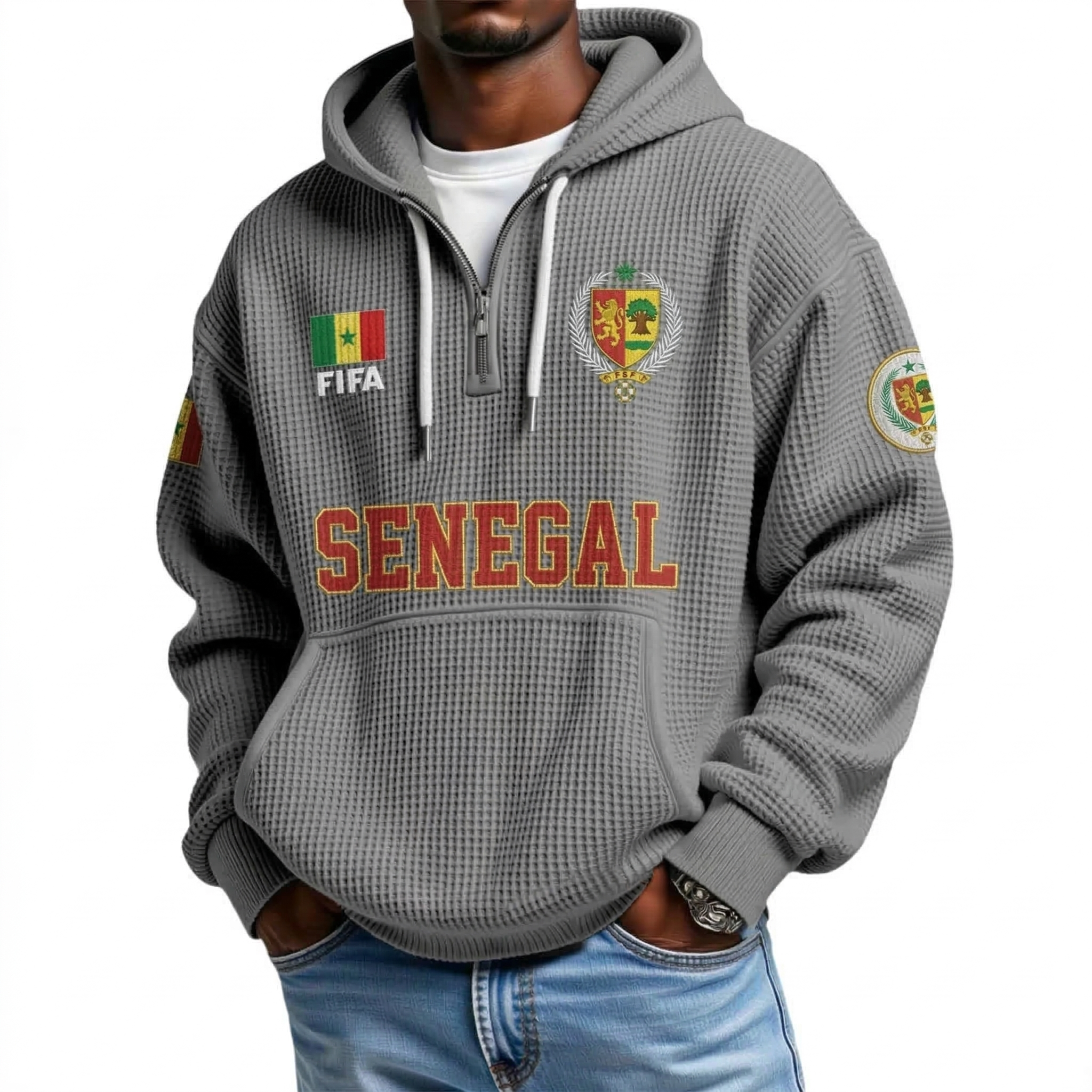 FIFA 2026 Senegal Printed Waffle Quarter Zip Football Fan Hoodie