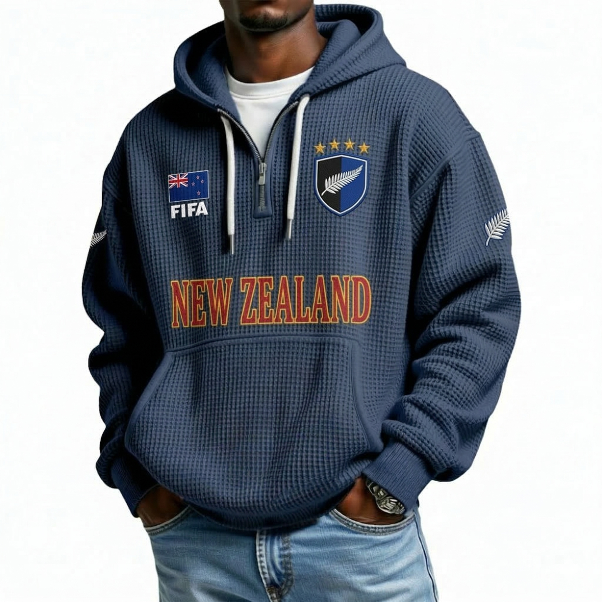 FIFA 2026 New Zealand Printed Waffle Quarter Zip Football Fan Hoodie
