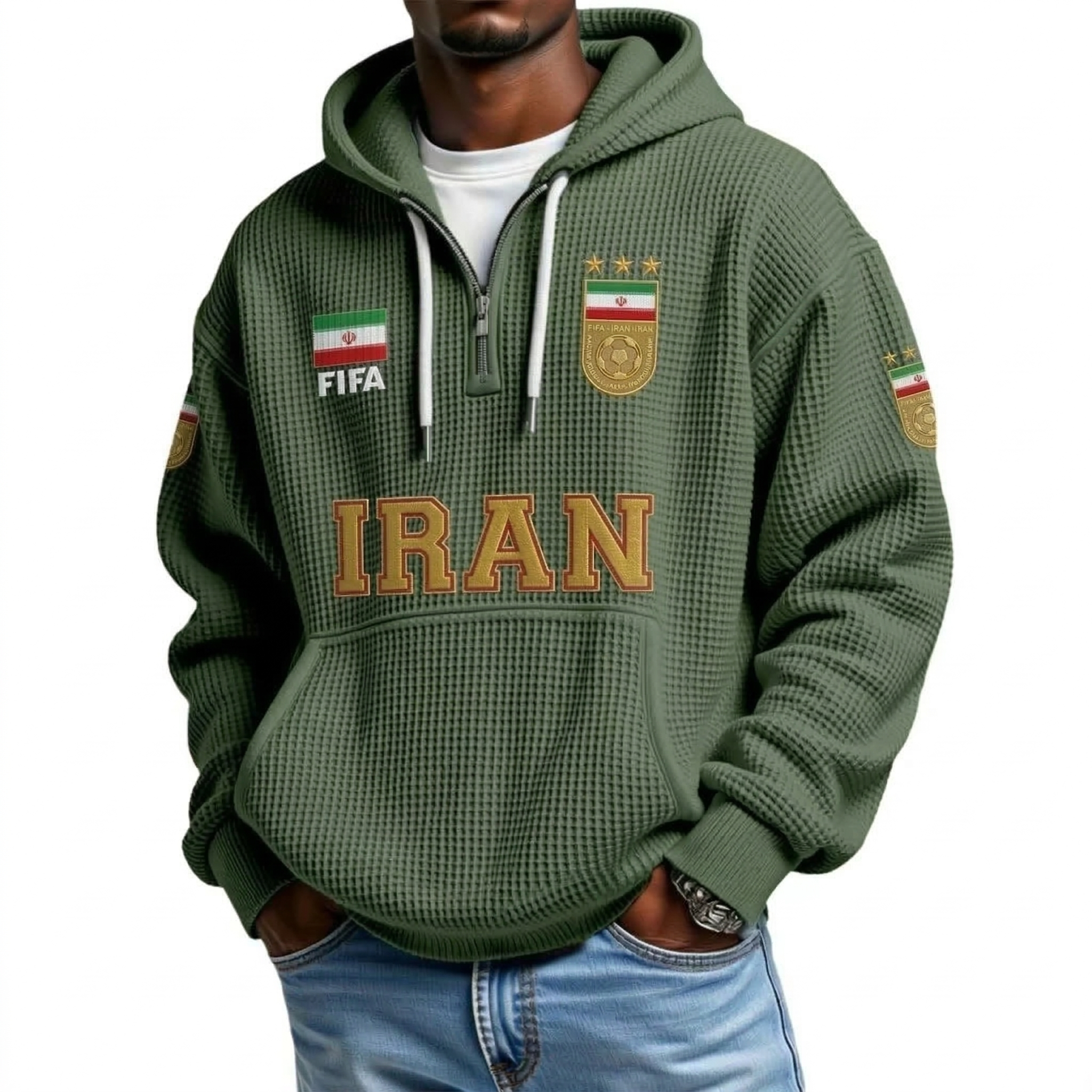 FIFA 2026 Iran Printed Waffle Quarter Zip Football Fan Hoodie