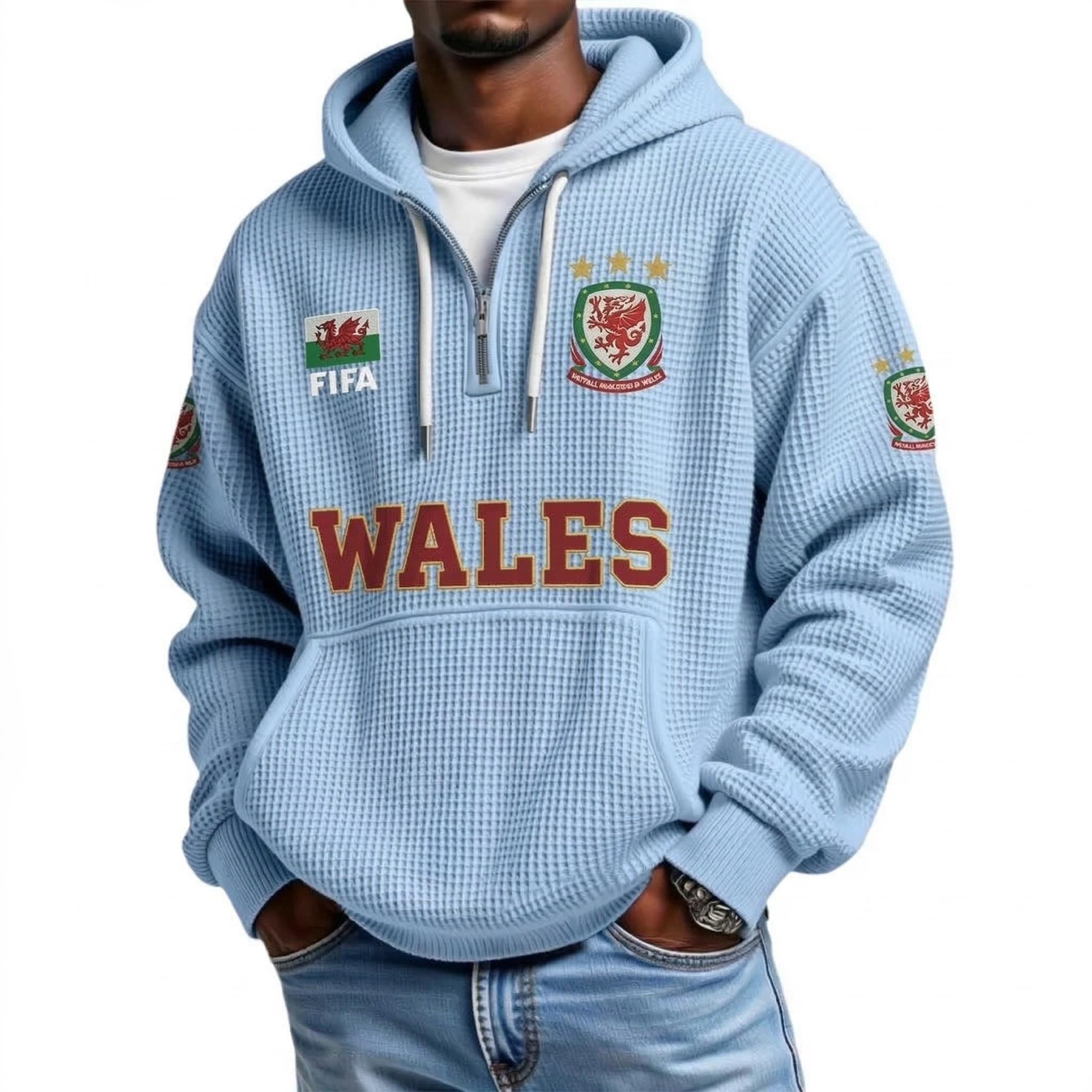 FIFA 2026 Wales Printed Waffle Quarter Zip Football Fan Hoodie