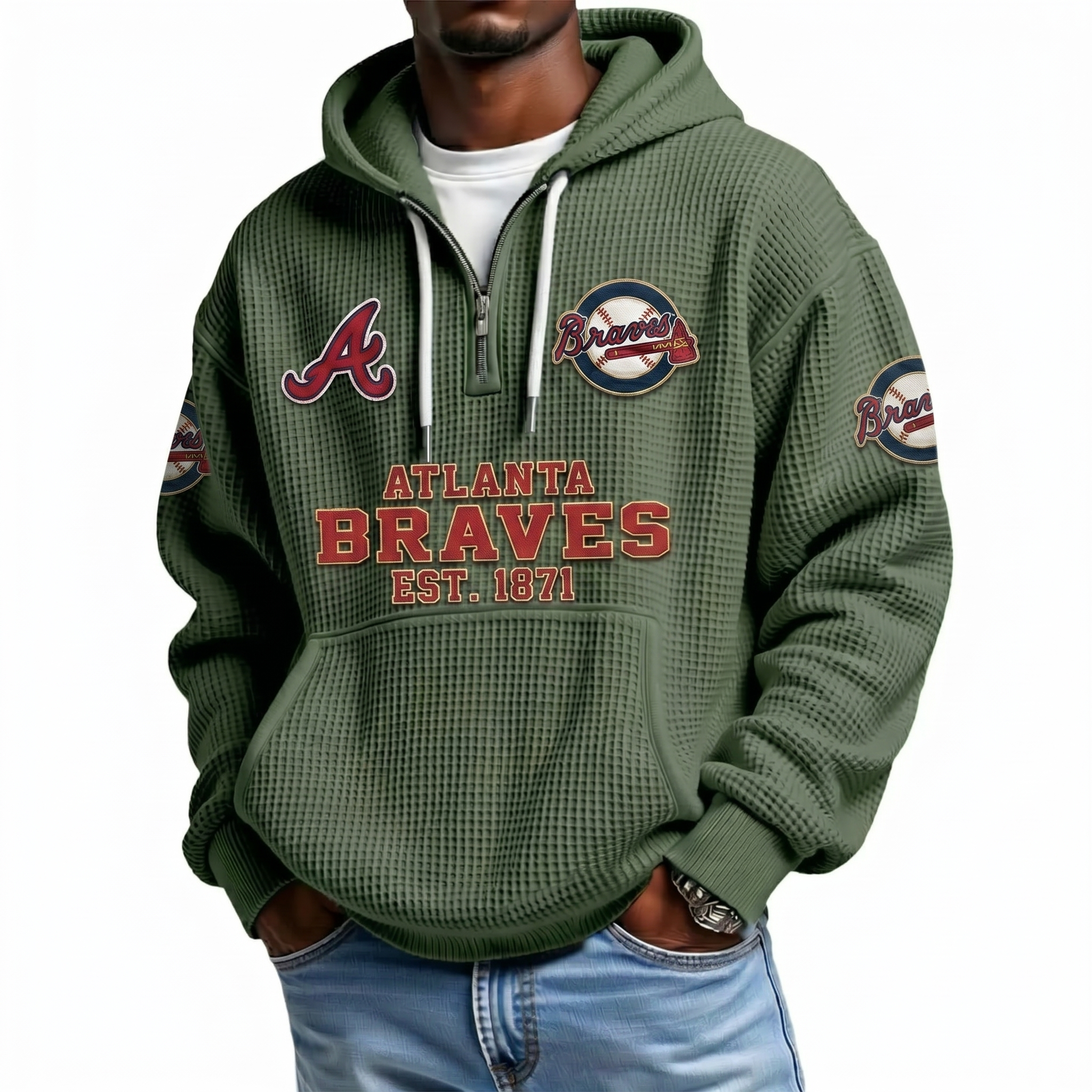 Atlanta Braves EST 1871 Printed Waffle Quarter Zip Baseball Fan Hoodie