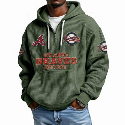 Atlanta Braves EST 1871 Printed Waffle Quarter Zip Baseball Fan Hoodie