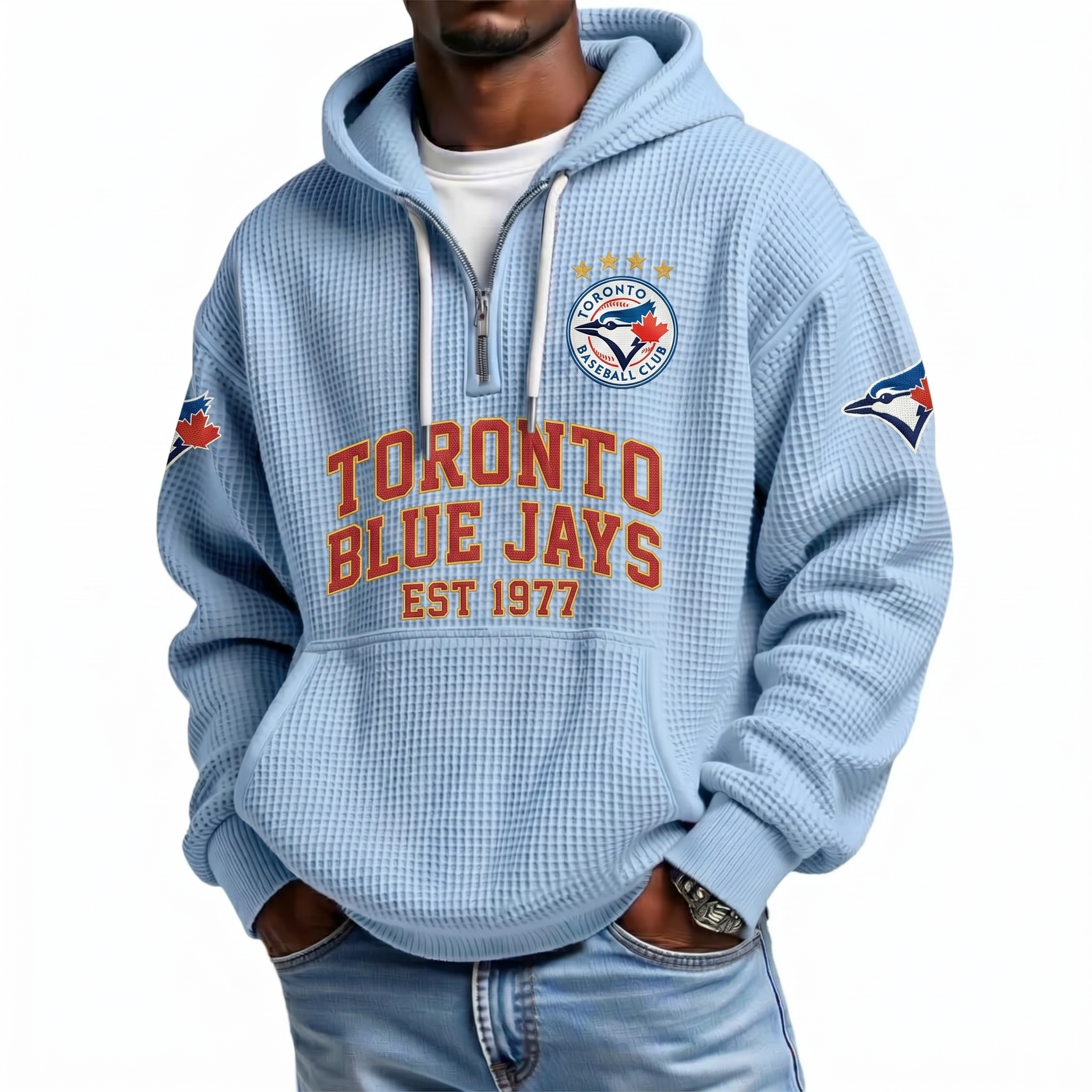 Toronto Blue Jays EST 1977 Printed Waffle Quarter Zip Baseball Fan Hoodie