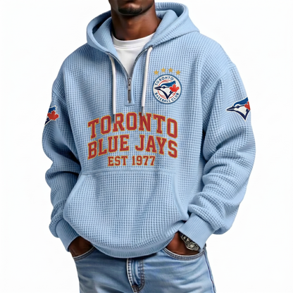 Toronto Blue Jays EST 1977 Printed Waffle Quarter Zip Baseball Fan Hoodie