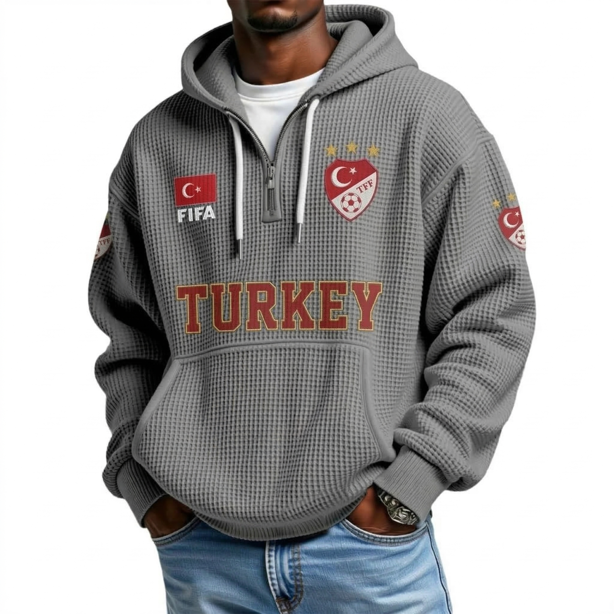 FIFA 2026 Turkey Printed Waffle Quarter Zip Football Fan Hoodie