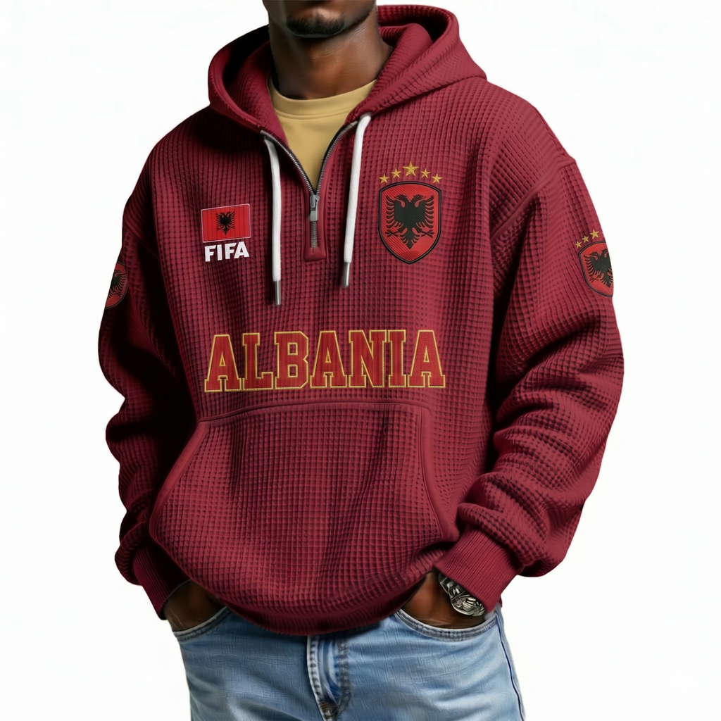 FIFA 2026 Albania Printed Waffle Quarter Zip Football Fan Hoodie