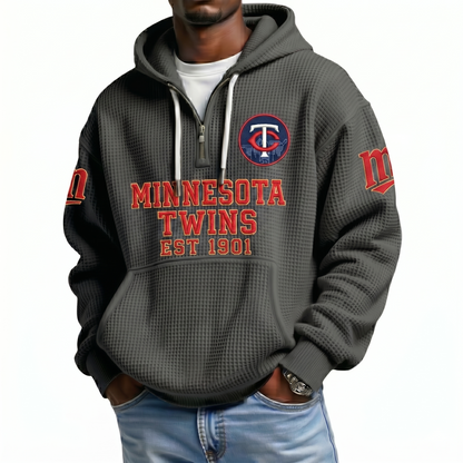 Minnesota Twins EST 1901 Printed Waffle Quarter Zip Baseball Fan Hoodie