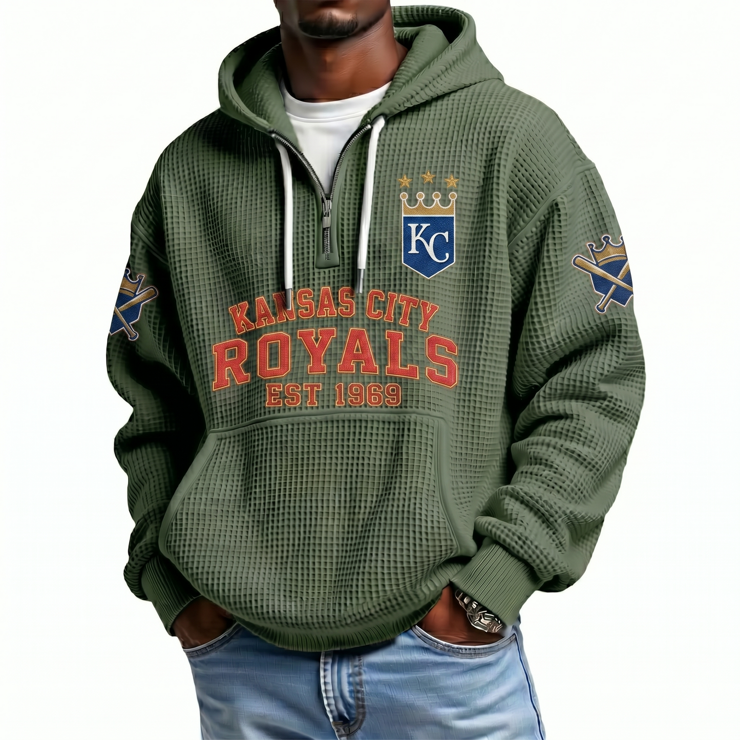 Kansas City Royals EST 1969 Printed Waffle Quarter Zip Baseball Fan Hoodie