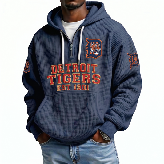 Detroit Tigers EST 1901 Printed Waffle Quarter Zip Baseball Fan Hoodie